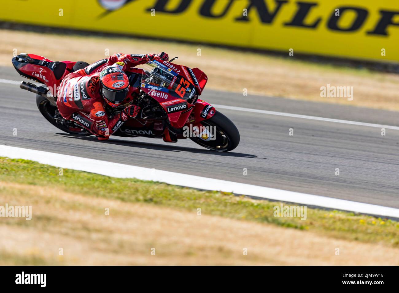 Silverstone, UK. 5th August 2022;  Silverstone Circuit, Silverstone, Northamptonshire, England: British MotoGP Grand Prix, Free Practice: Number 63 Ducati Lenovo Team bike ridden by Francesco Bagnaia during free practice at the British MotoGP Credit: Action Plus Sports Images/Alamy Live News Stock Photo