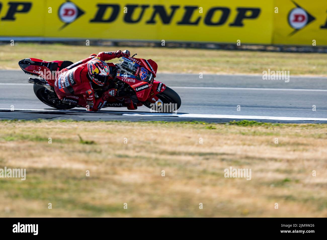 Silverstone, UK. 5th August 2022; Silverstone Circuit, Silverstone, Northamptonshire, England: British MotoGP Grand Prix, Free Practice: Number 43 Ducati Lenovo Team bike ridden by Jack Miller during free practice at the British MotoGP Credit: Action Plus Sports Images/Alamy Live News Stock Photo
