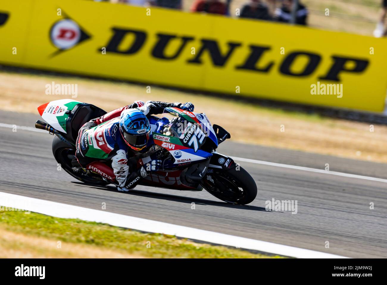 Silverstone, UK. 5th August 2022;  Silverstone Circuit, Silverstone, Northamptonshire, England: British MotoGP Grand Prix, Free Practice: Number 73 LCR Honda Castrol bike ridden by Alex Marquez during free practice at the British MotoGP Credit: Action Plus Sports Images/Alamy Live News Stock Photo