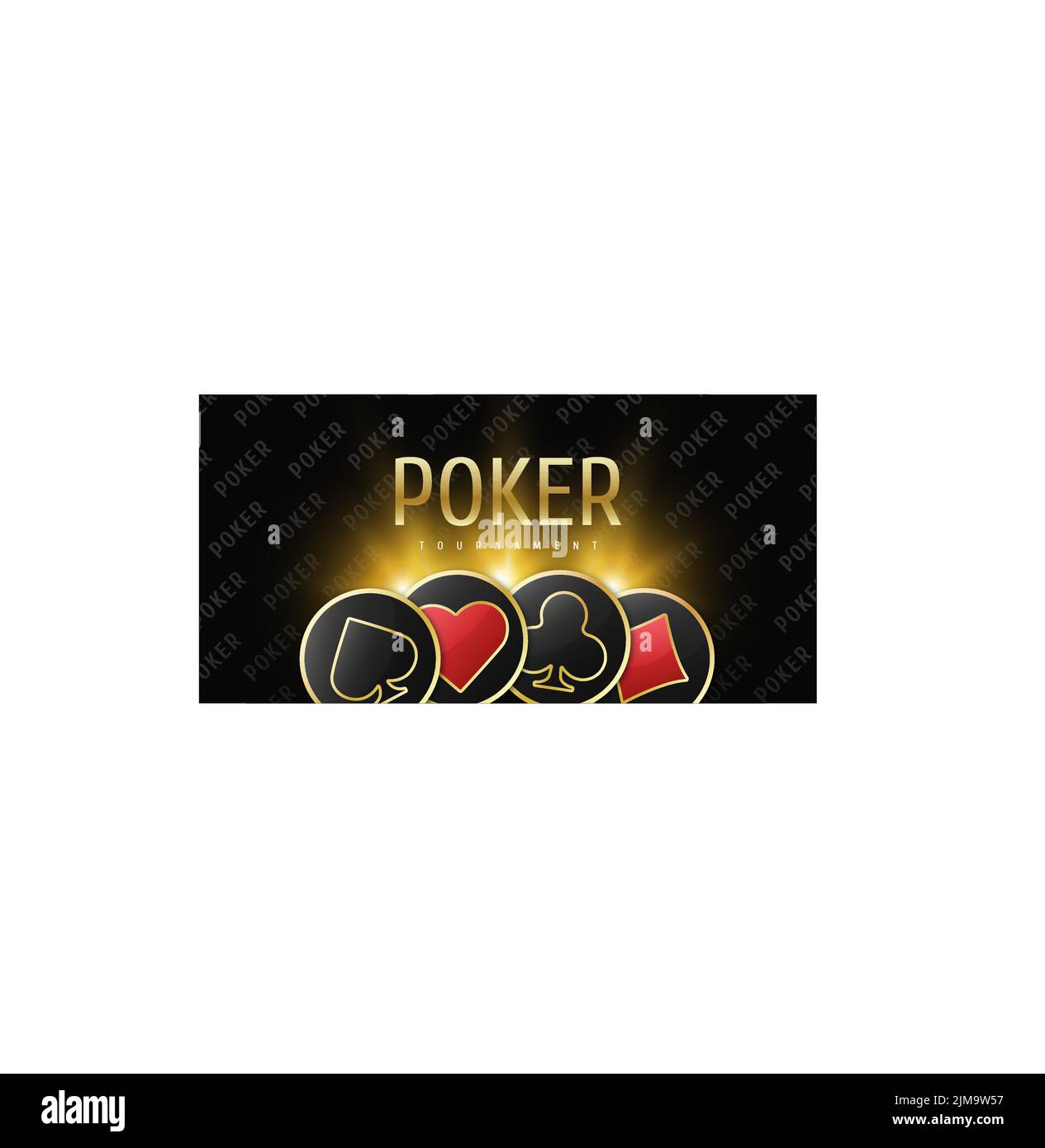 Poker tournament banner. Poker logo with playing card suit chips. Clubs, diamonds, spades, hearts on a black background. Vector illustration. Stock Vector