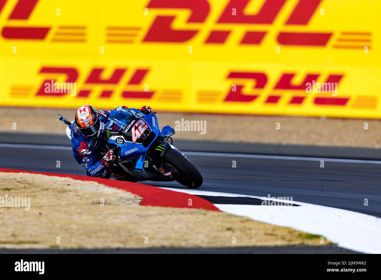 Silverstone, UK. 5th August 2022; Silverstone Circuit, Silverstone, Northamptonshire, England: British MotoGP Grand Prix, Free Practice: Number 42 Team Suzuki Ecstar bike ridden by Alex Rins during free practice at the British MotoGP Credit: Action Plus Sports Images/Alamy Live News Stock Photo