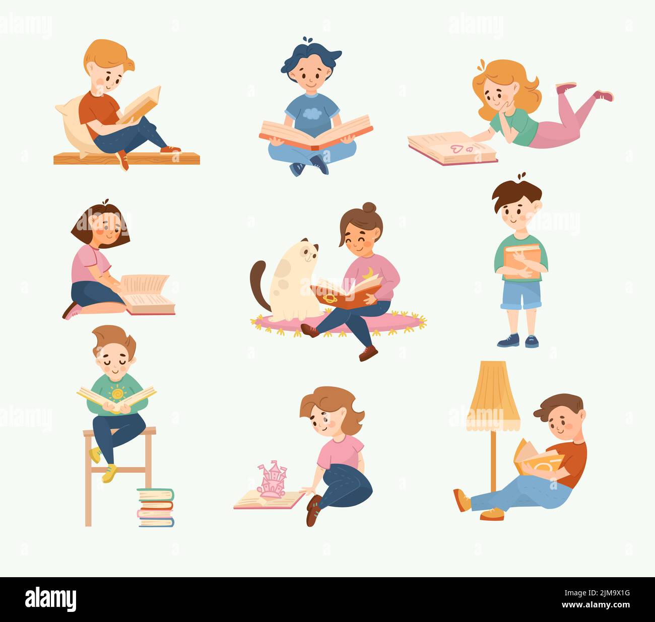 Happy children reading book cartoon illustration set. Smart girls and boys lying, sitting, studying at home with funny cat. Education, leisure, hobby, Stock Vector