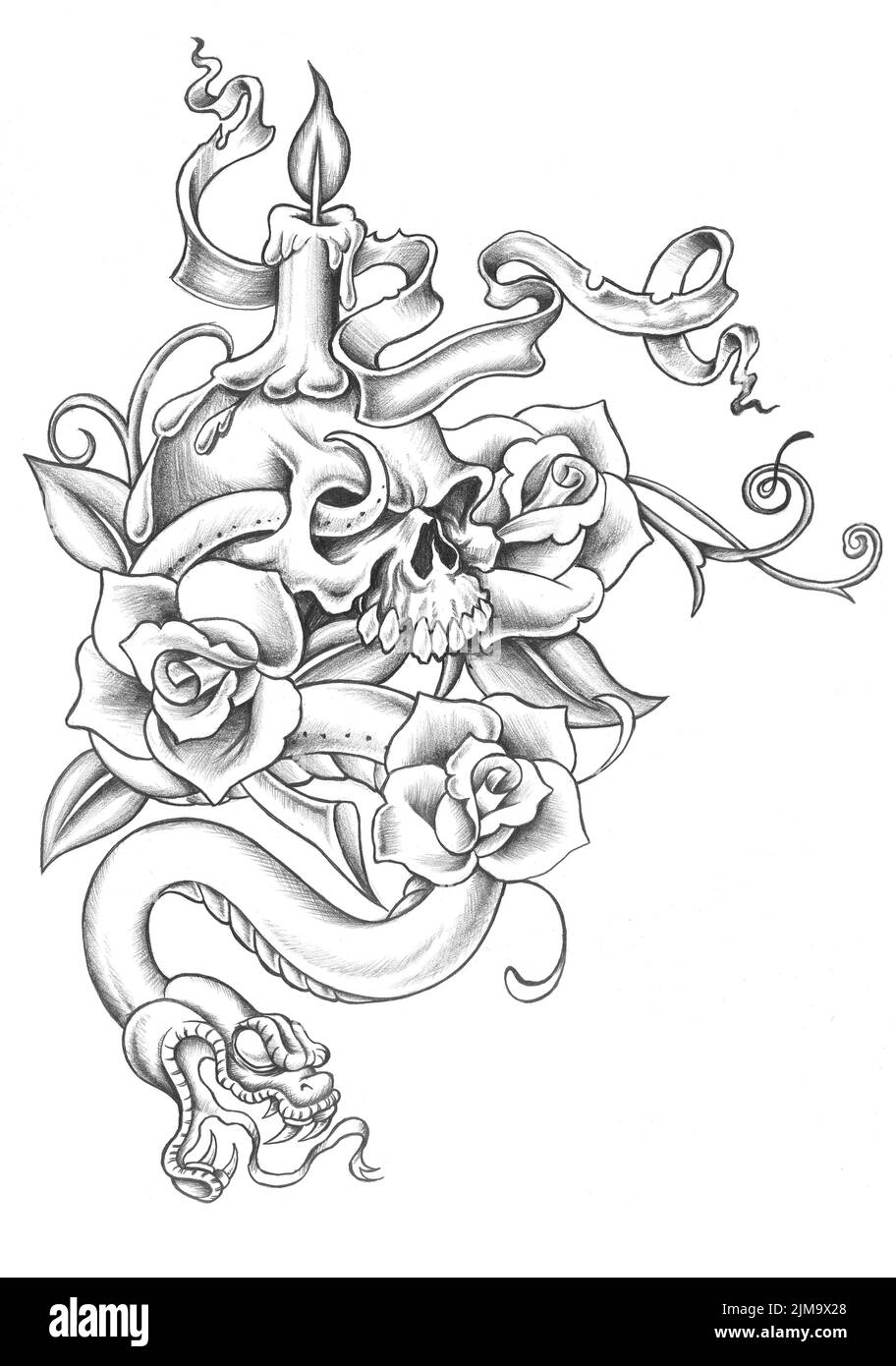 A tattoo design of a scary human skull wrapped with a snake, flowers ...
