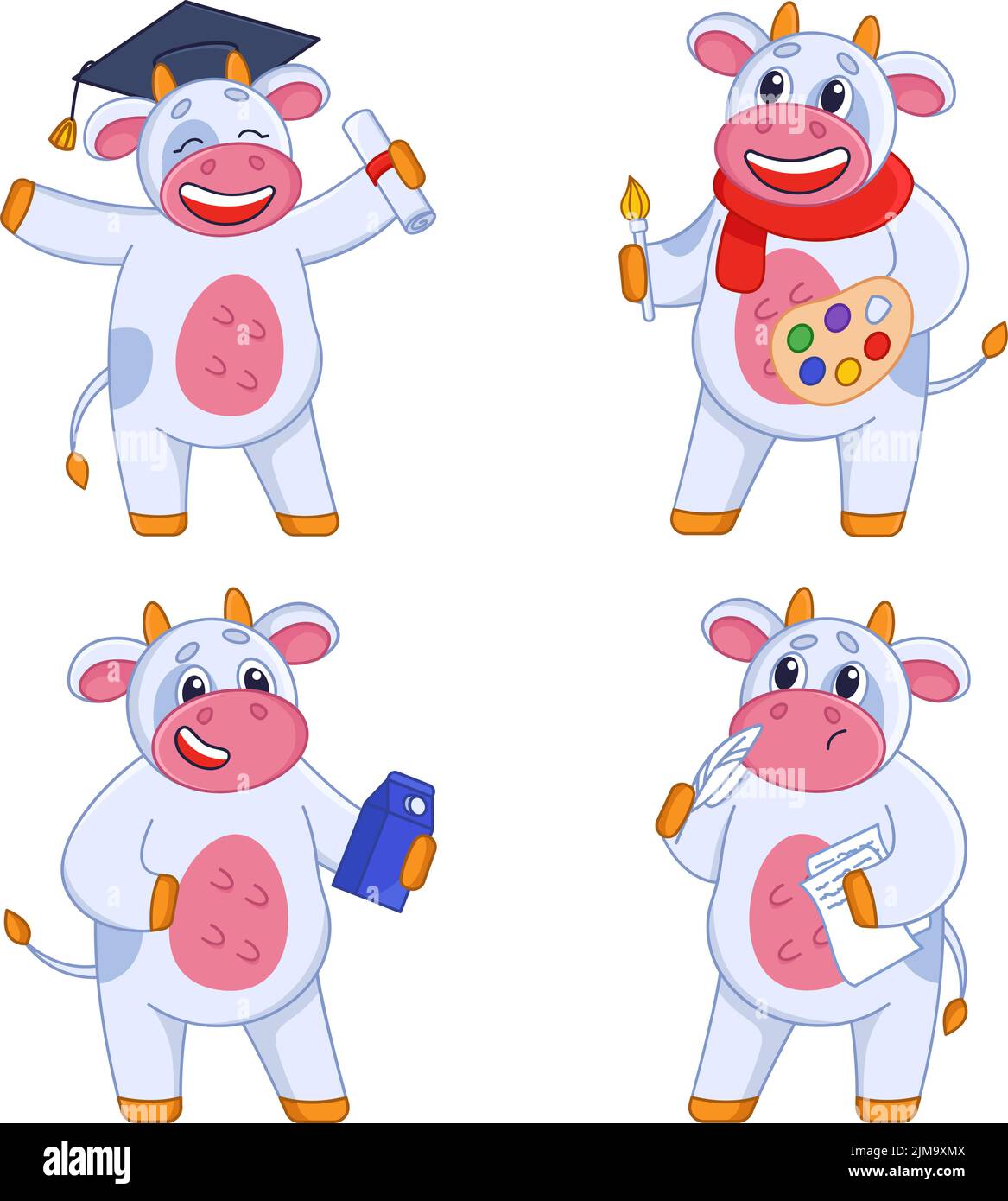 Happy cartoon cow characters in different actions collection Stock Vector