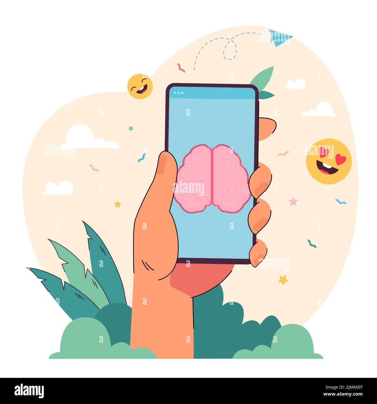 Smiley faces and hand holding telephone with brain on screen. Person learning information through app or service flat vector illustration. Technology, Stock Vector
