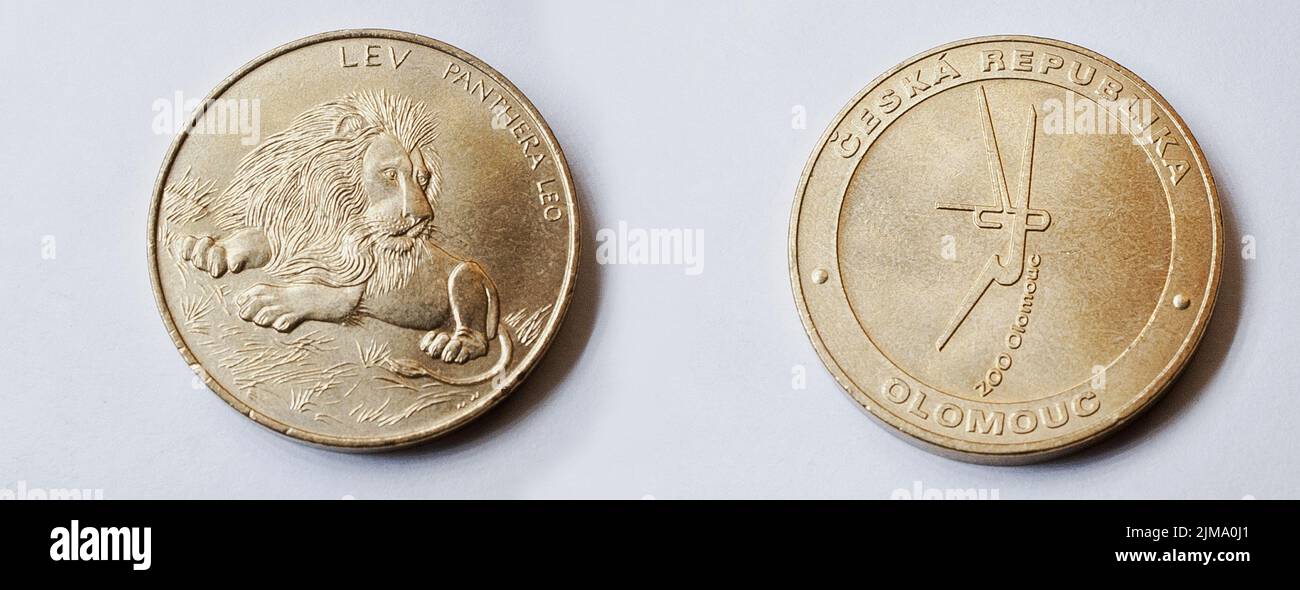 Set of coin crown (korunas CZK) Czech Republic shows lion from Olomouc Zoo Stock Photo
