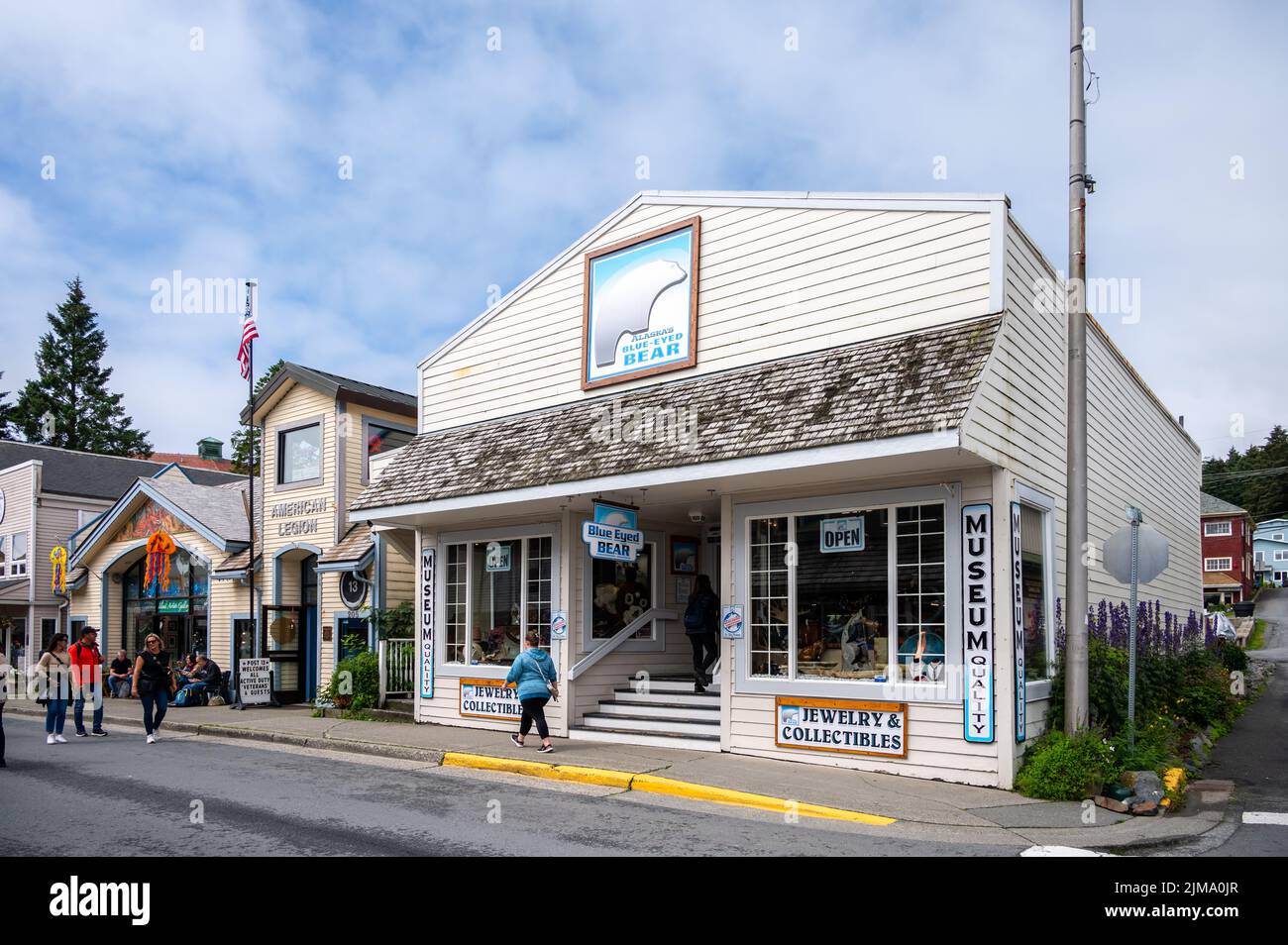Sitka, Alaska - July 26, 2022 - View of Sitka's historic main street. Alsaka's Blue-Eyed Bear gift shop visible. Stock Photo