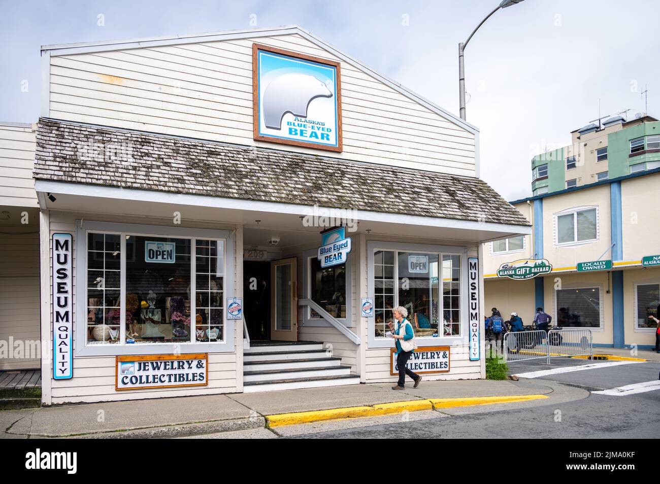 Sitka, Alaska - July 26, 2022 - View of Sitka's historic main street. Alsaka's Blue-Eyed Bear gift shop visible. Stock Photo