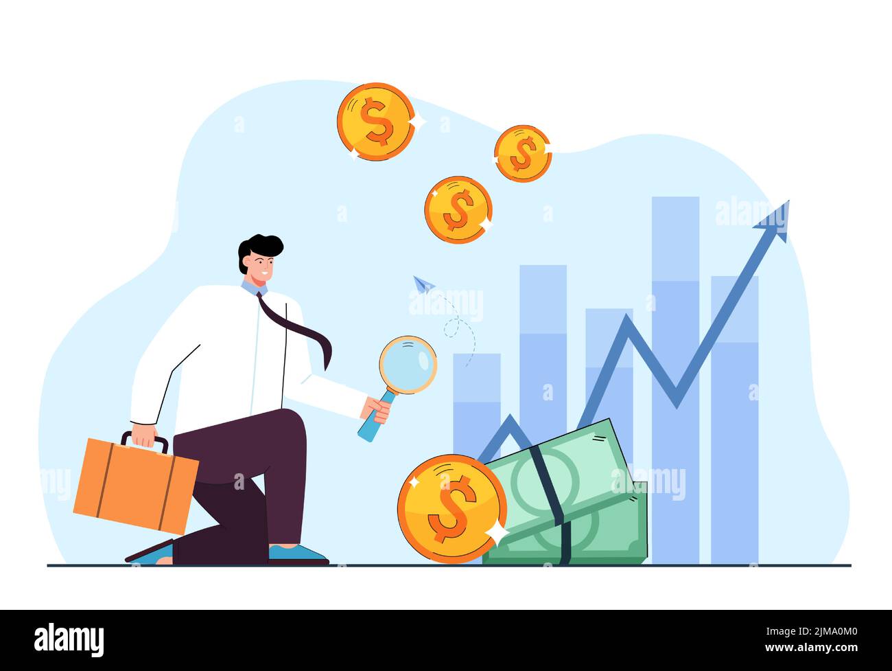 Office worker examining money with magnifying glass. Employee and cash with bar graphs in background flat vector illustration. Success, finances conce Stock Vector