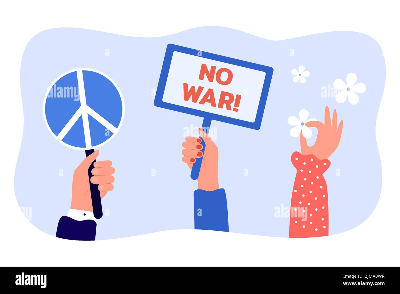Peace symbol, flower, placard with no war phrase in hands. People holding banners or posters for demonstration or protest flat vector illustration. Fr Stock Vector