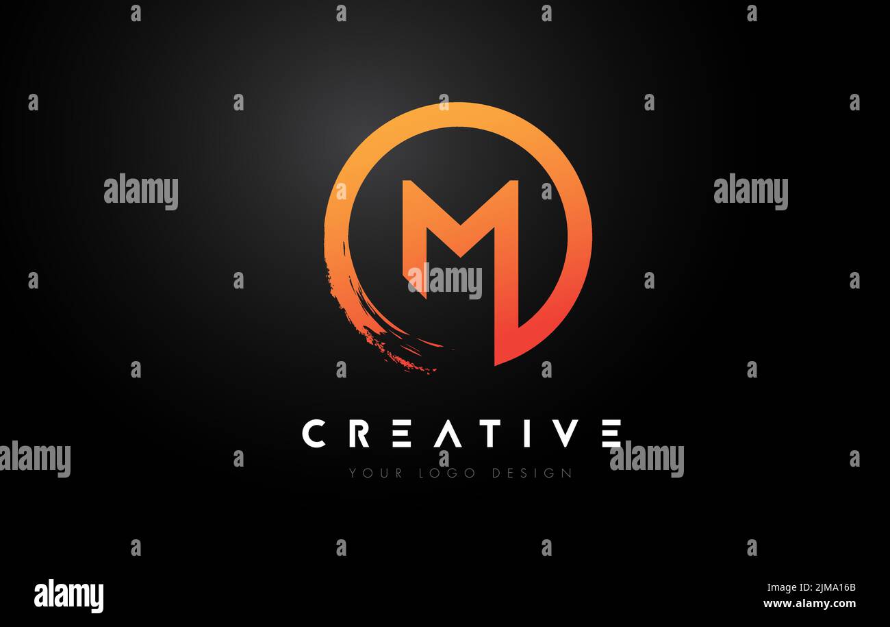 Orange M Circular Letter Logo with Circle Brush Design and Black