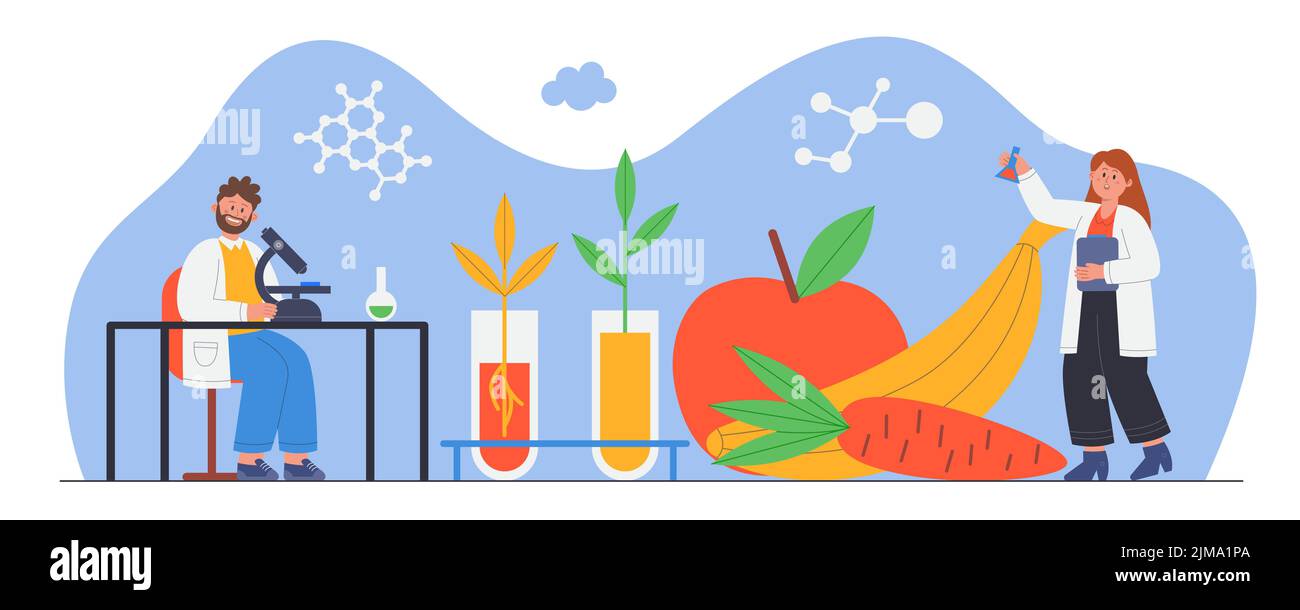 Scientists studying genetically modified food in laboratory. Man and woman conducting scientific research using equipment flat vector illustration. Bi Stock Vector