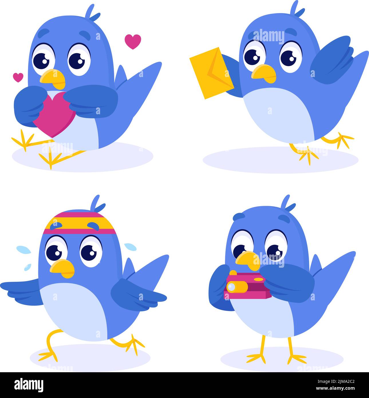 Set of cute hand-drawn blue birds holding heart, carrying letter, jogging, taking photos Stock Vector