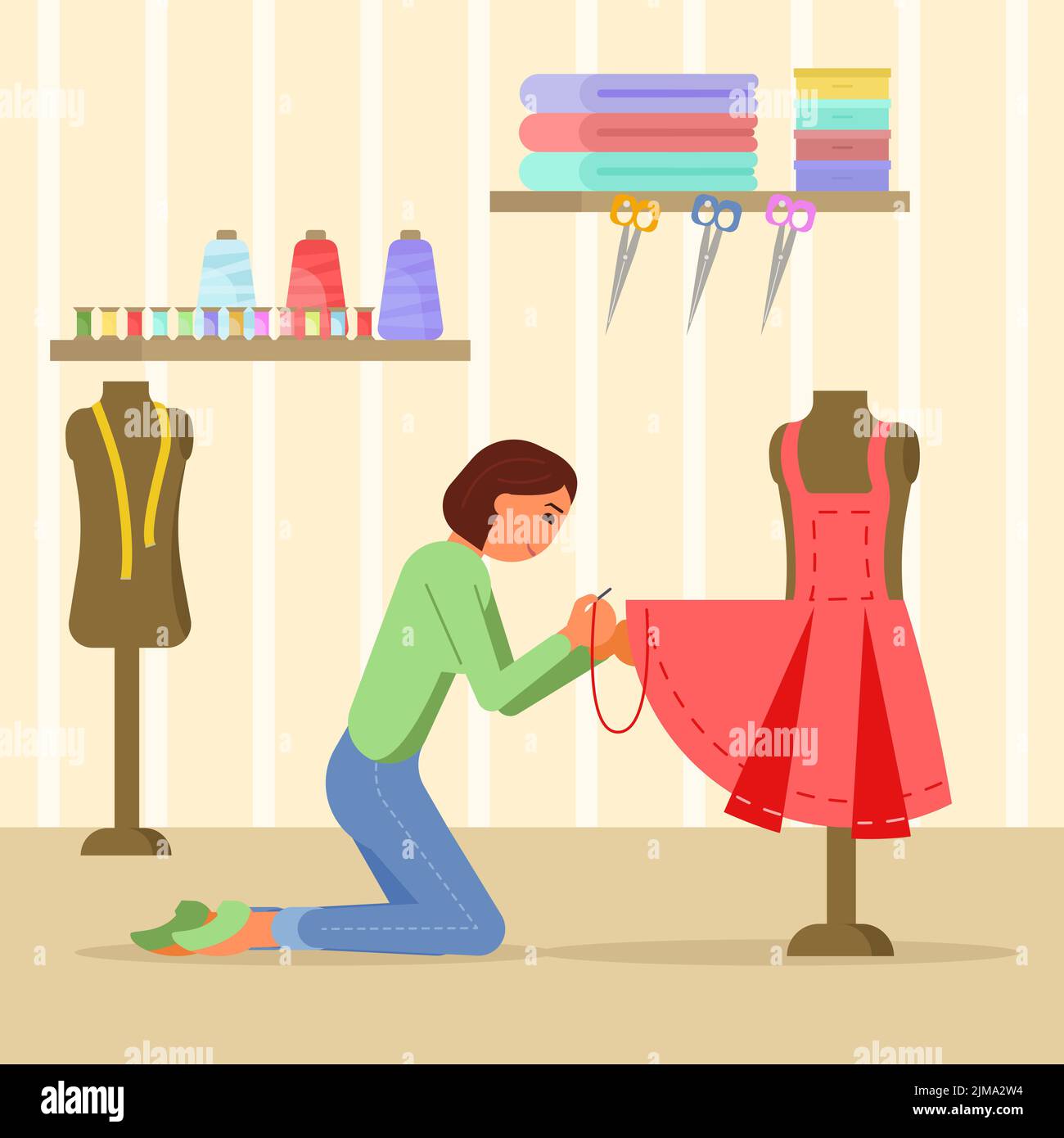 Woman Seamstress Sewing Red Dress Vector Illustration In Flat Style Craft Hobby Concept Stock 