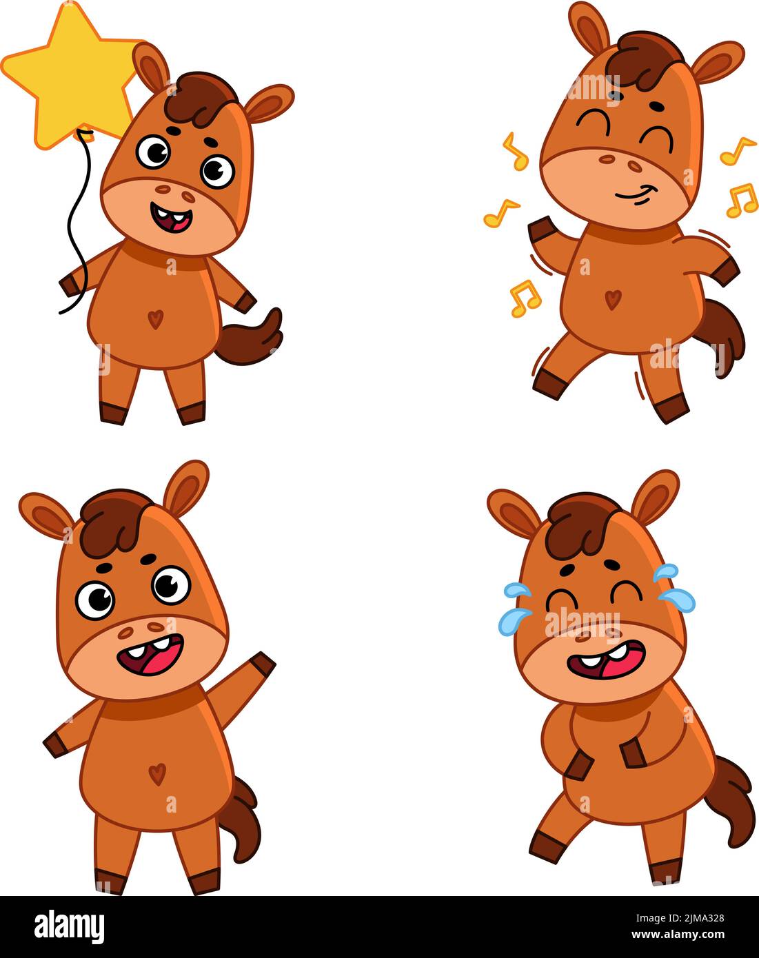 Set of cute hand-drawn little bulls holding star balloon, dancing, waving, laughing tears Stock Vector