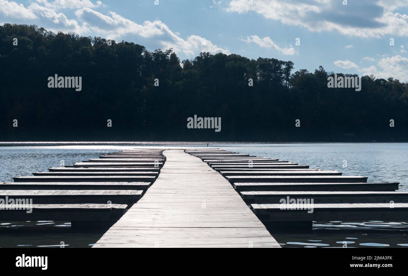 Empty boat docks and moorings after boats are removed Stock Photo
