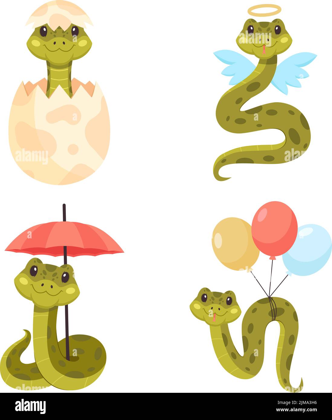Set of cute hand-drawn snakes in egg shell, flying as angel, sitting under umbrella, flying on balloons Stock Vector