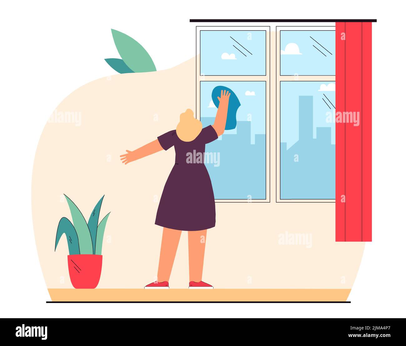 Young woman cleaning window in home room. Girl wiping dust with cloth flat vector illustration. Household chores, cleaning service, cleanliness concep Stock Vector