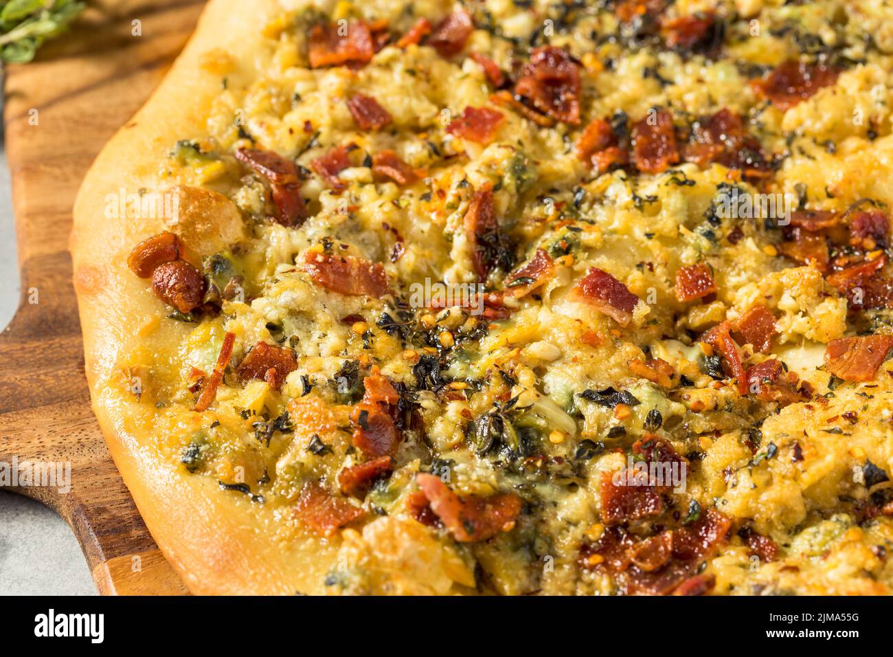 Homemade New Haven Clam White pizza with Oregano and Bacon Stock Photo