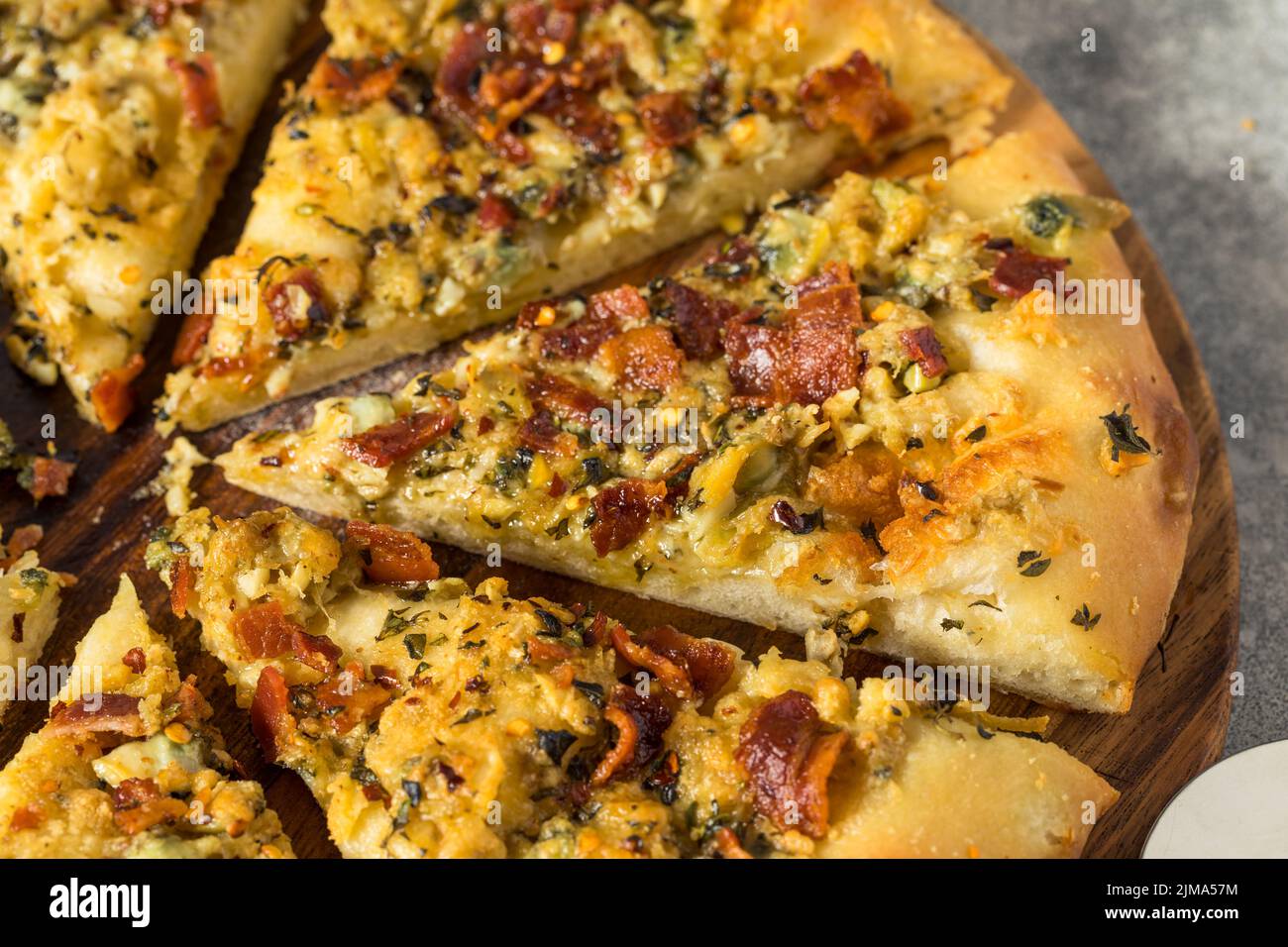 Homemade New Haven Clam White pizza with Oregano and Bacon Stock Photo