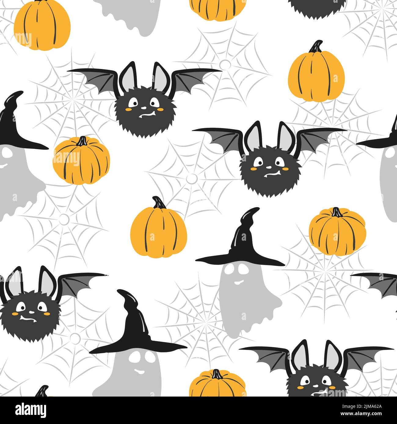 Halloween pattern with cute black bats, ghosts and pumpkins Stock Vector