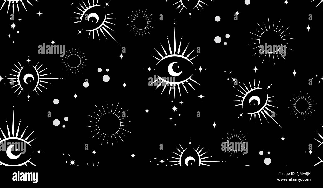 Seamless pattern Sacred eye, magic crescent moon and sun in boho style, white vector isolated on black background. Bohemian symbols, geometric design Stock Vector