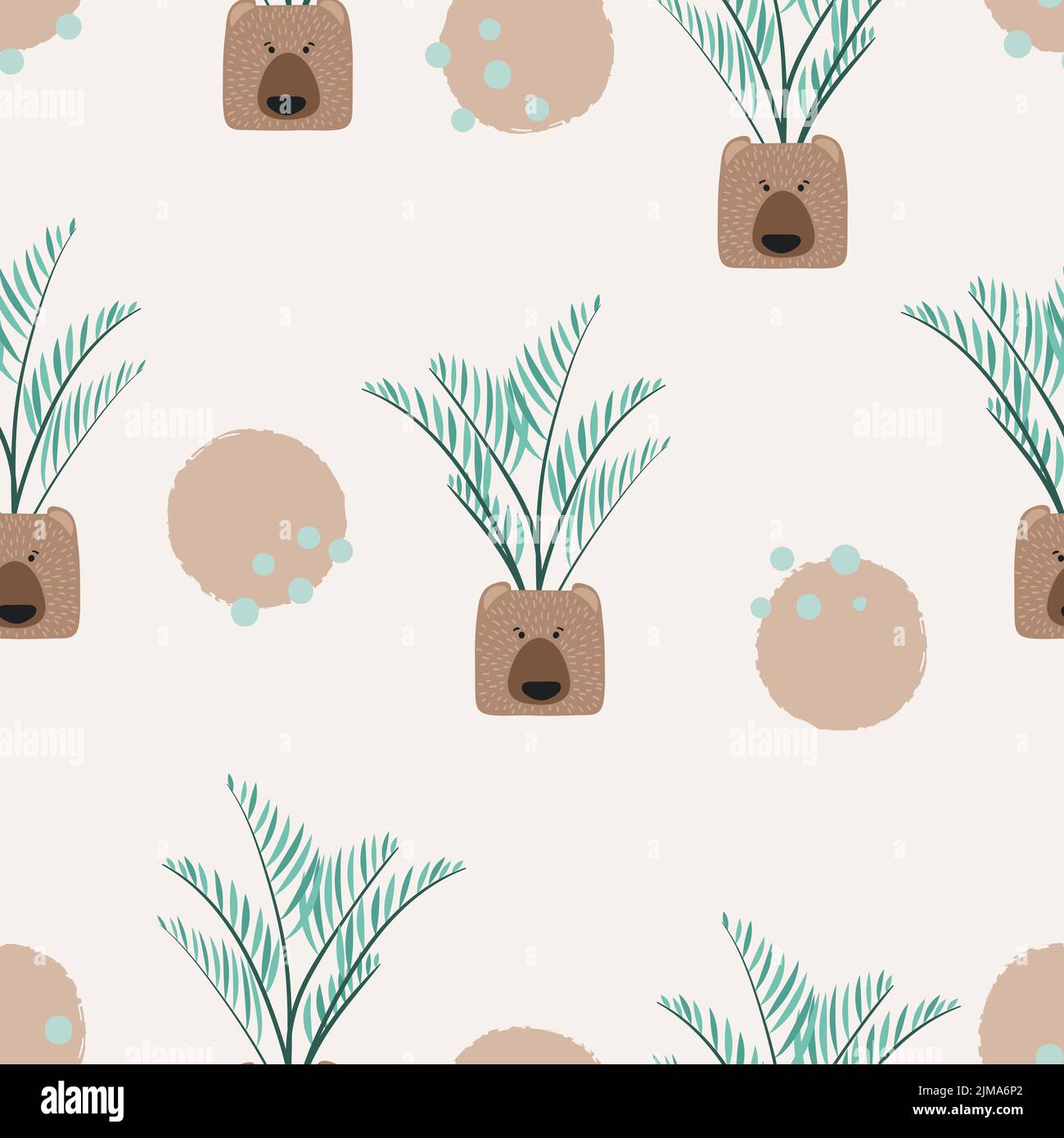 Cute plants in pots seamless pattern. Cartoon vector bear faces Stock Vector