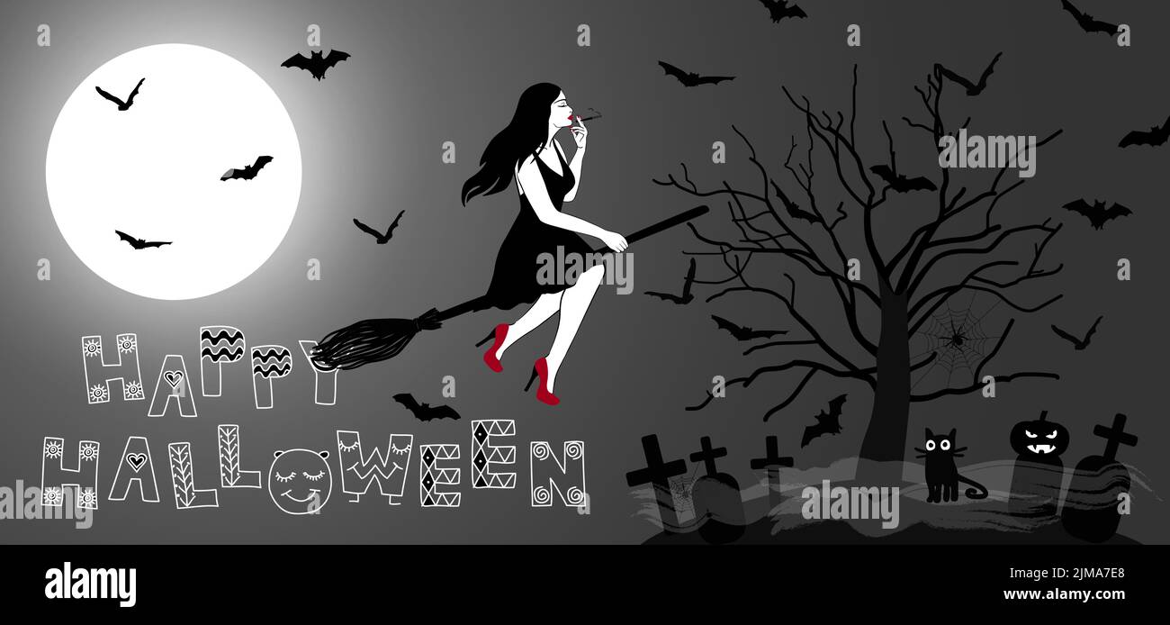 Witch flying on a broom with a spooky tree with bats, gravestones, spiderwebs, spiders and full moon. Happy Halloween vector illustration Stock Vector