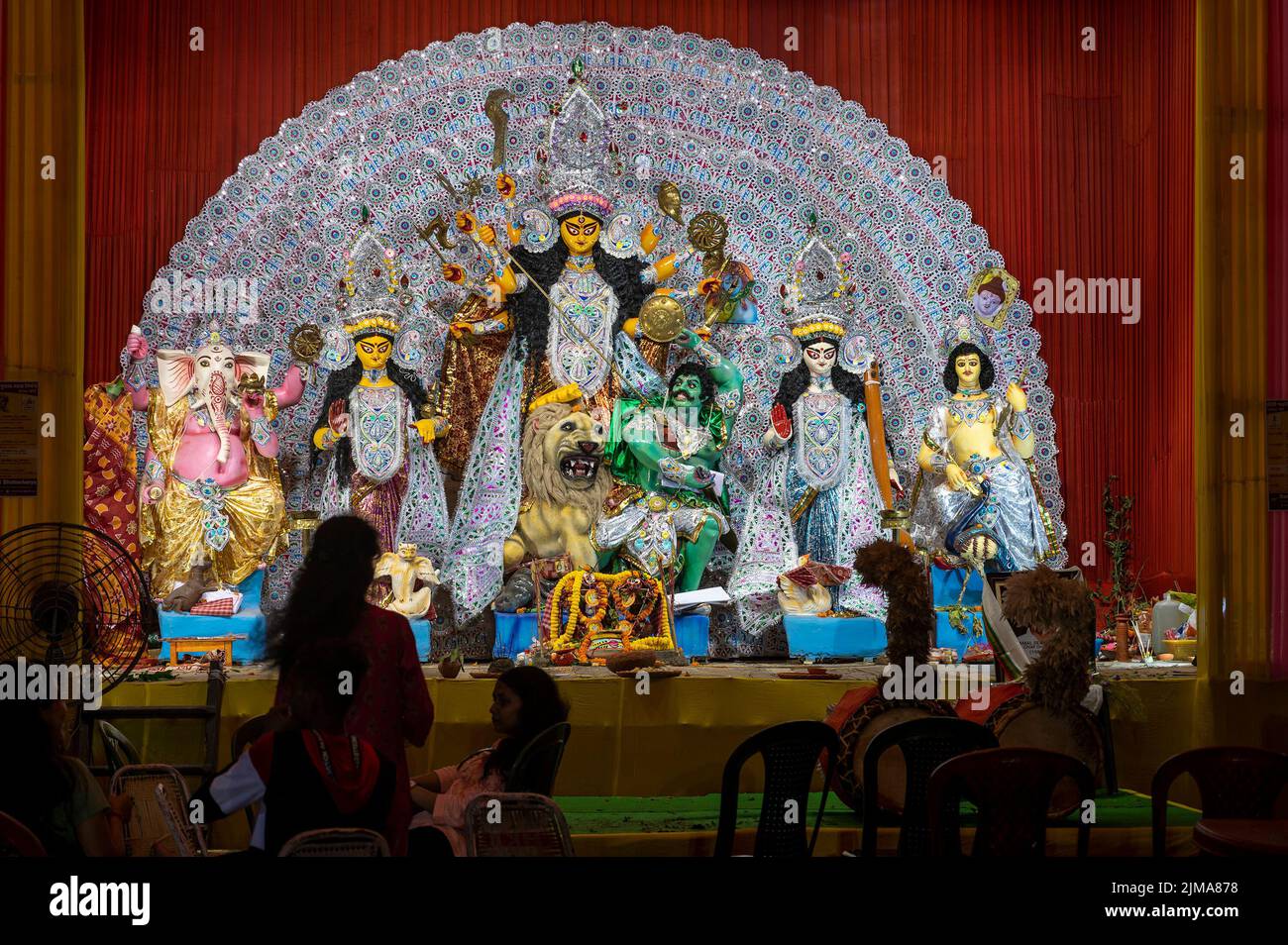 Kolkata, West Bengal, India - 12th October, 2021 : Decorated Durga Puja pandal at night. Biggest festival of Hinduism celebrated all over the world. Stock Photo