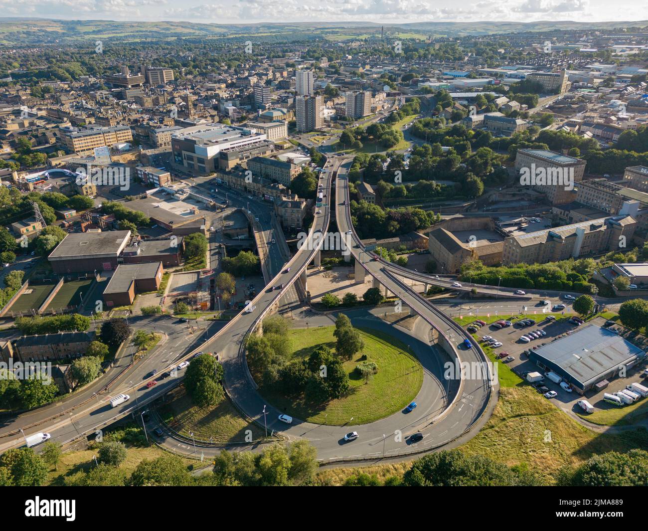 Aerial view of Burdock Way and North Bridge with the Town of Halifax, West Yorkshire, UK in the distance Stock Photo