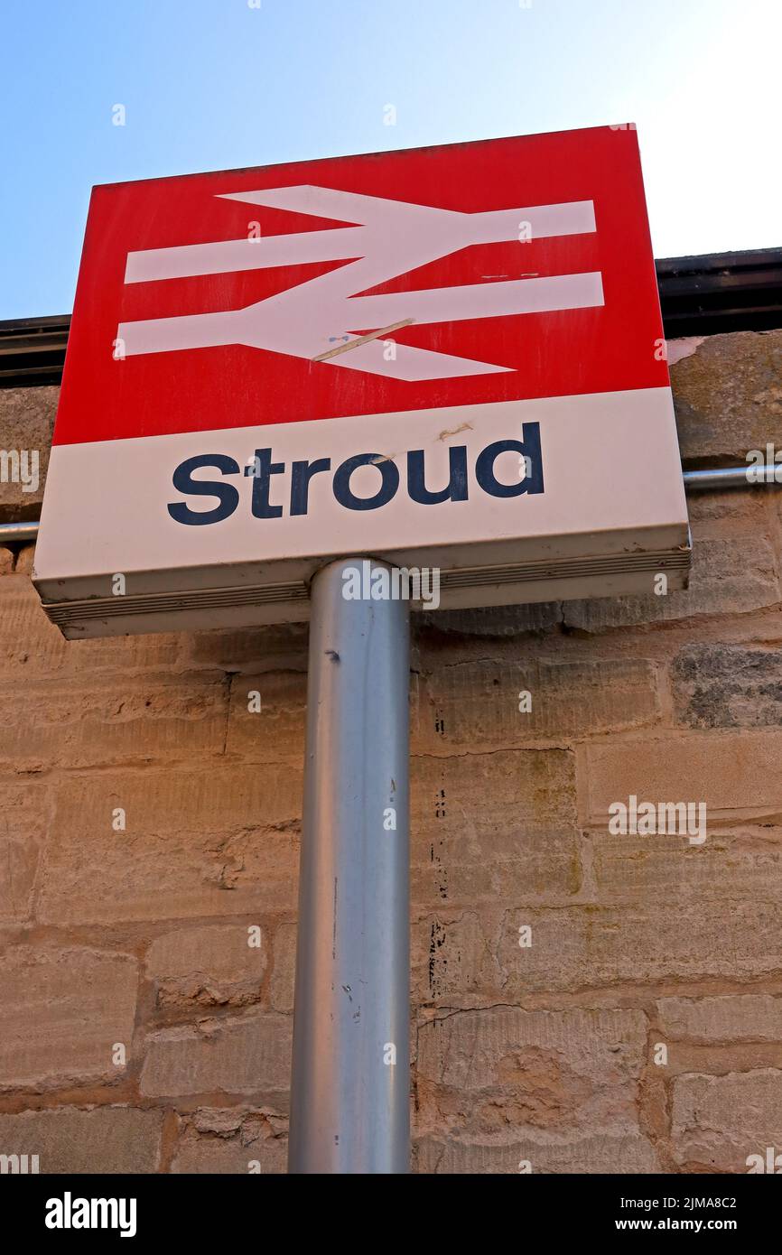 Stroud Railway Station sign, public transport, Station Road, Stroud, Gloucestershire , England, UK, GL5 3AP Stock Photo