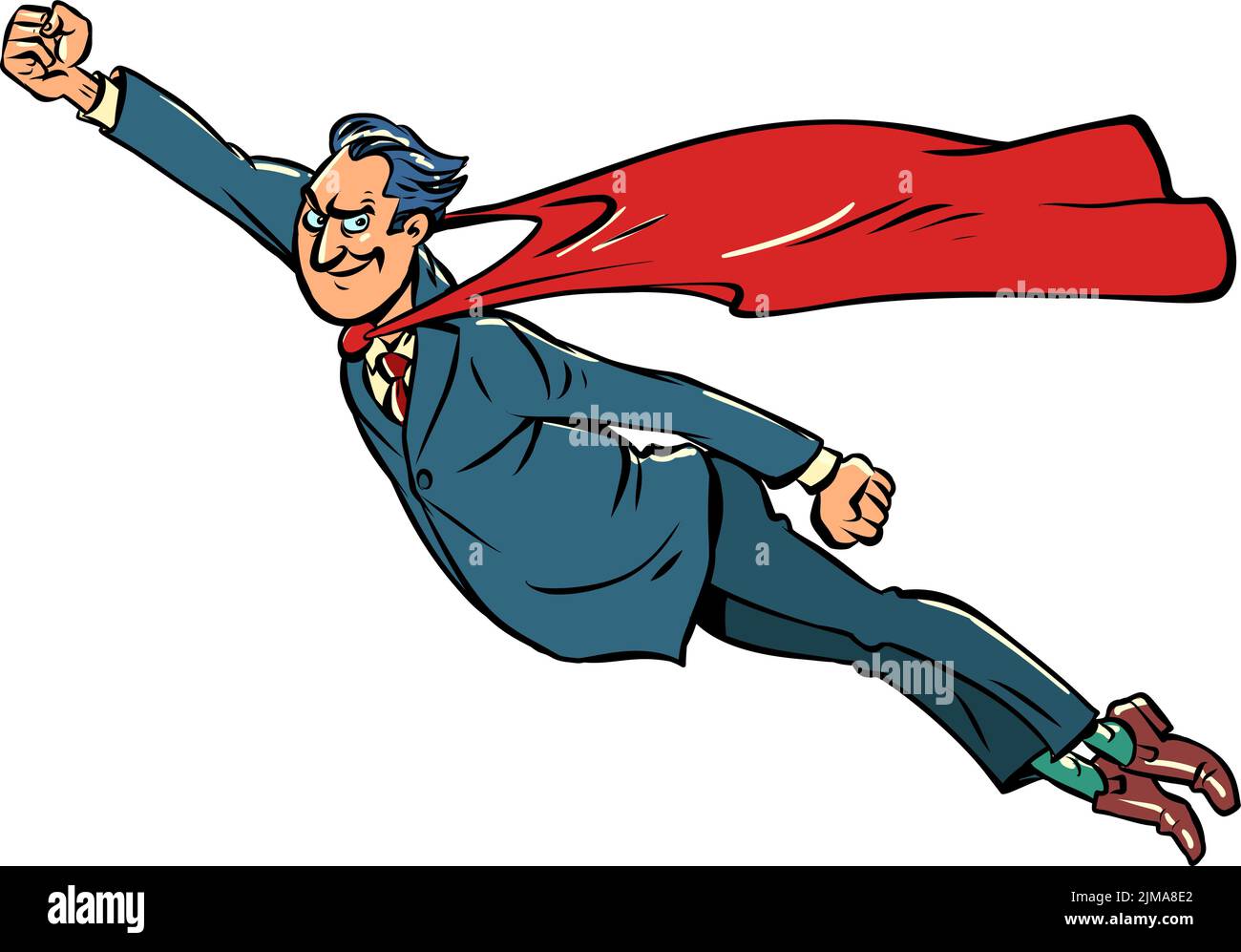the businessman is a superhero man, a man in a suit with a red cape. A hero is flying to the rescue. Comic cartoon vintage retro hand drawing illustra Stock Vector