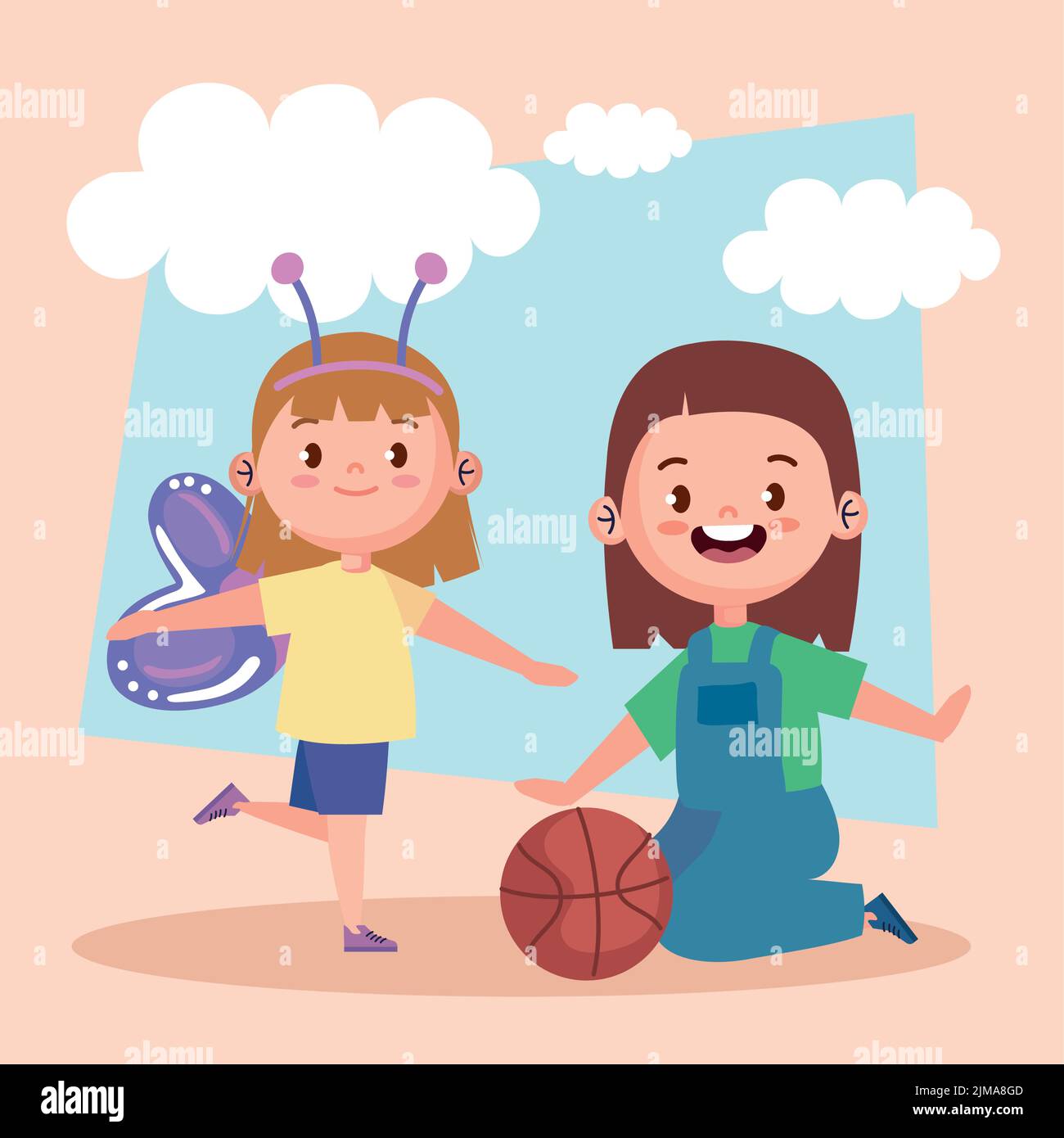 little girls playing with basketball balloon Stock Vector