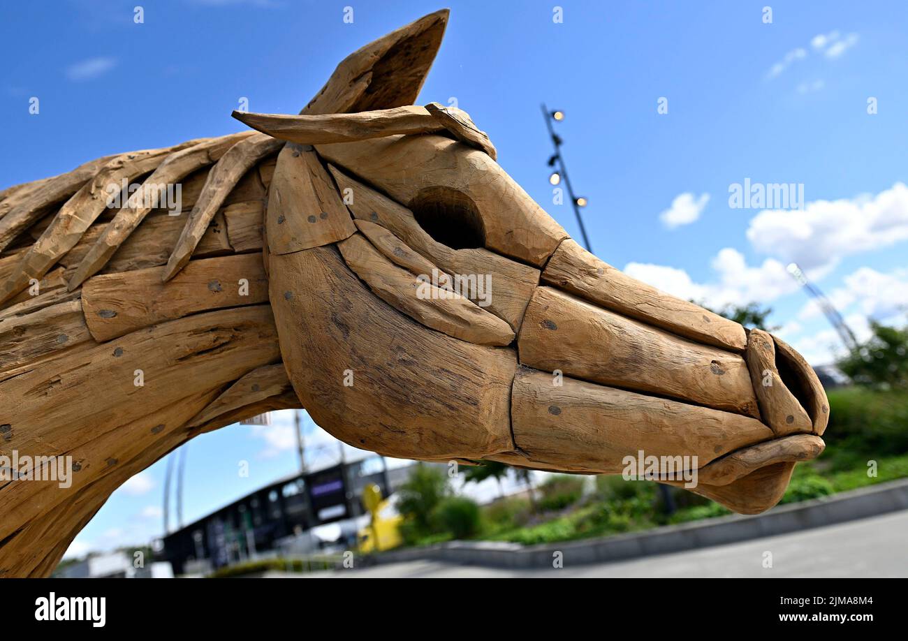 Herning, Denmark. 05th Aug, 2022. World Equestrian Games. A view of a horses head made from wood by Am-Art. Credit: Sport In Pictures/Alamy Live News Stock Photo