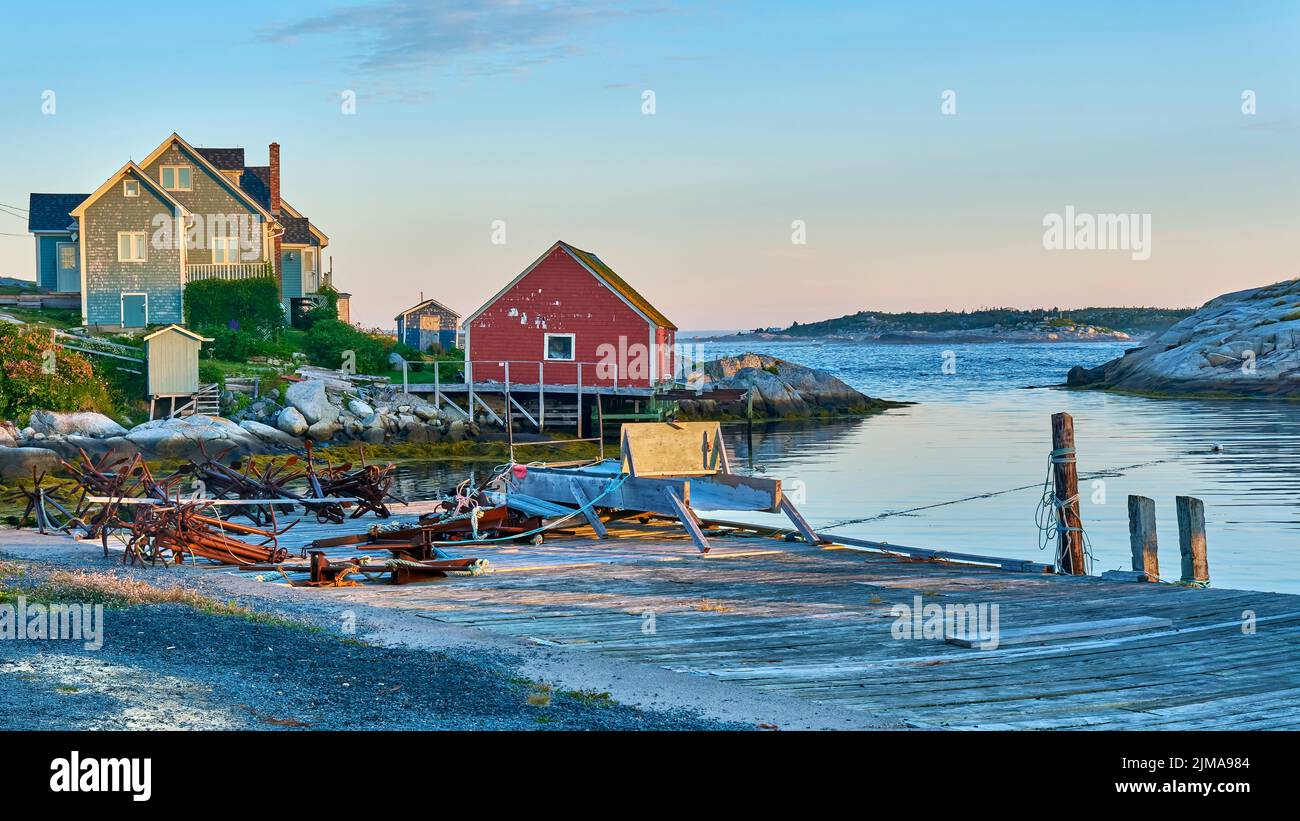 Photograph of the Village of Peggy's Cove Nova Scotia taken in the early morning hours. Stock Photo