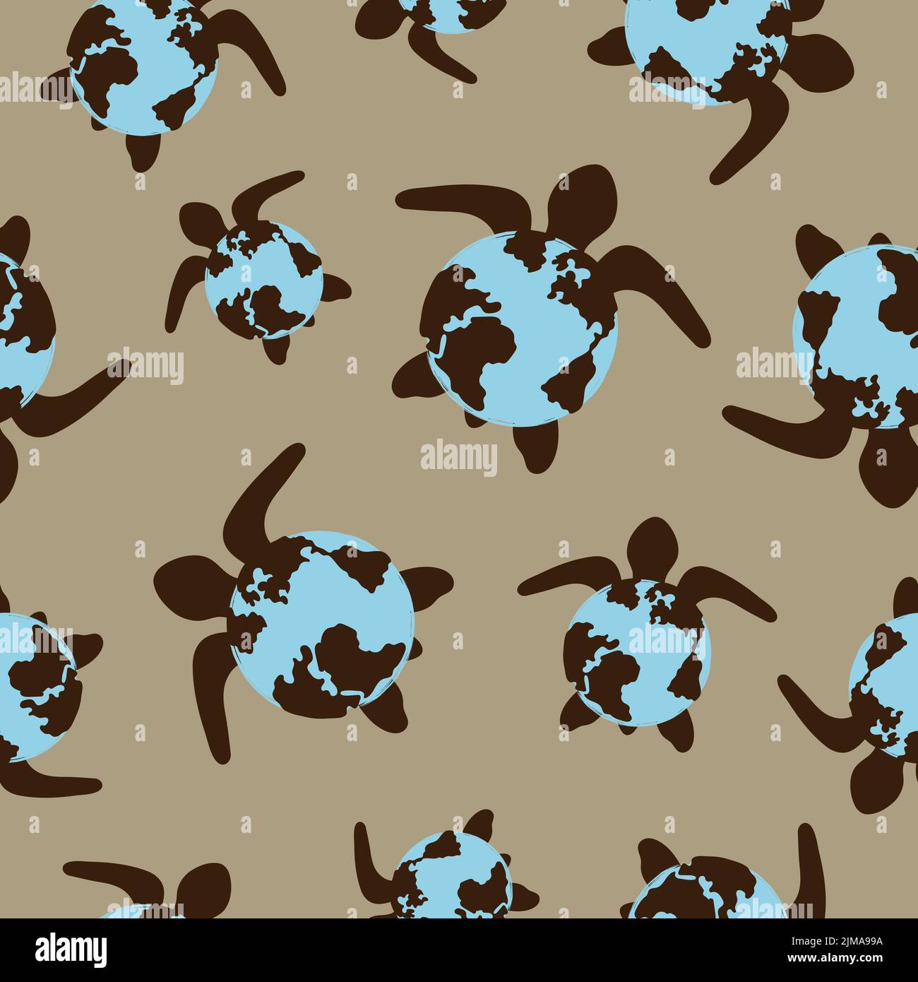 Seamless pattern with cute turtles with earth shells. Vector abstract background. Stock Vector