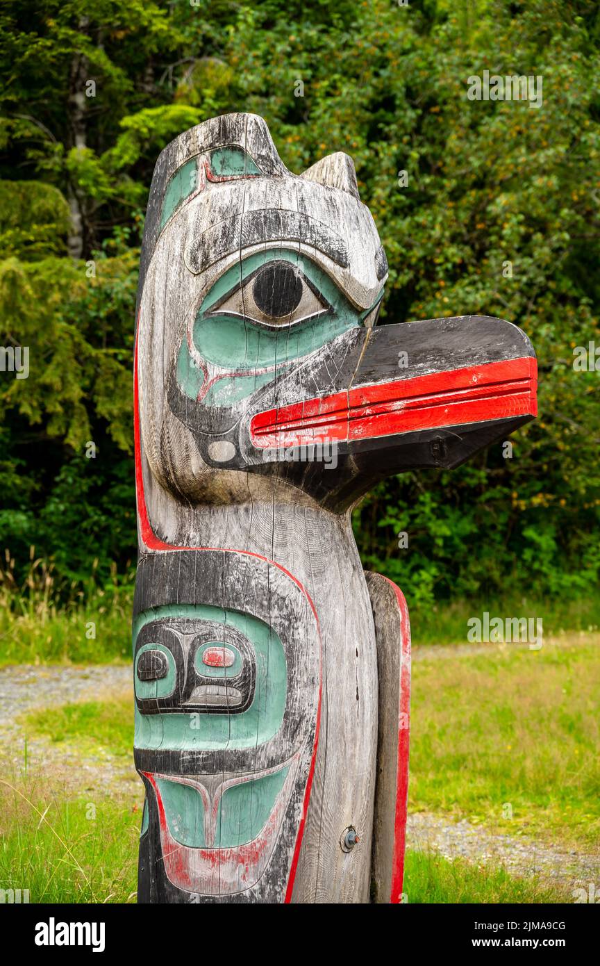 Saxman, Alaska - July 29, 2022: Tlinget totem poles, long house and ...