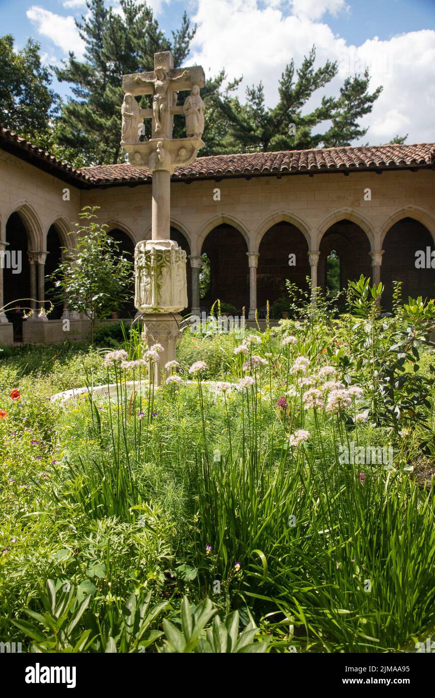 Exterior View of the Met Cloisters in Washington Height Manhattan with architectural details and garden Stock Photo