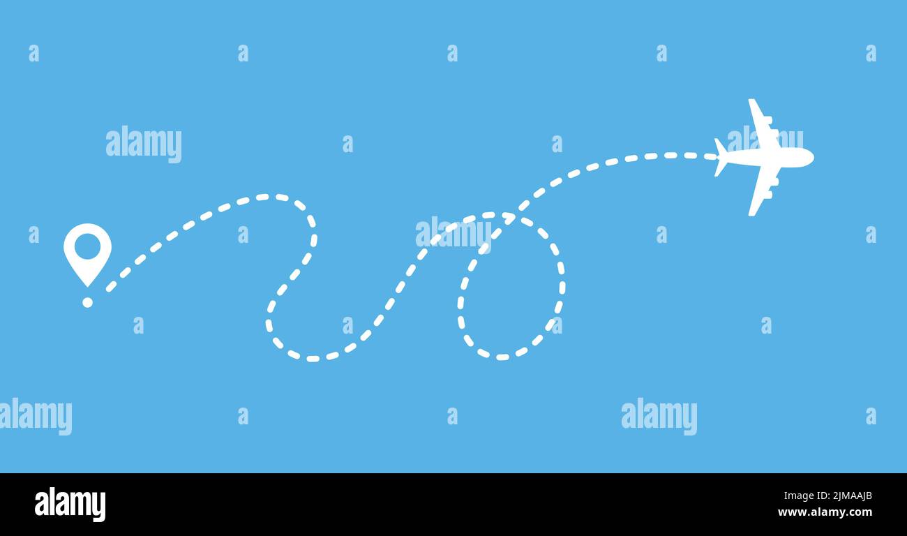Airplane line path route travel vector icon with start point and dash line trace. Curved line with loop Stock Vector