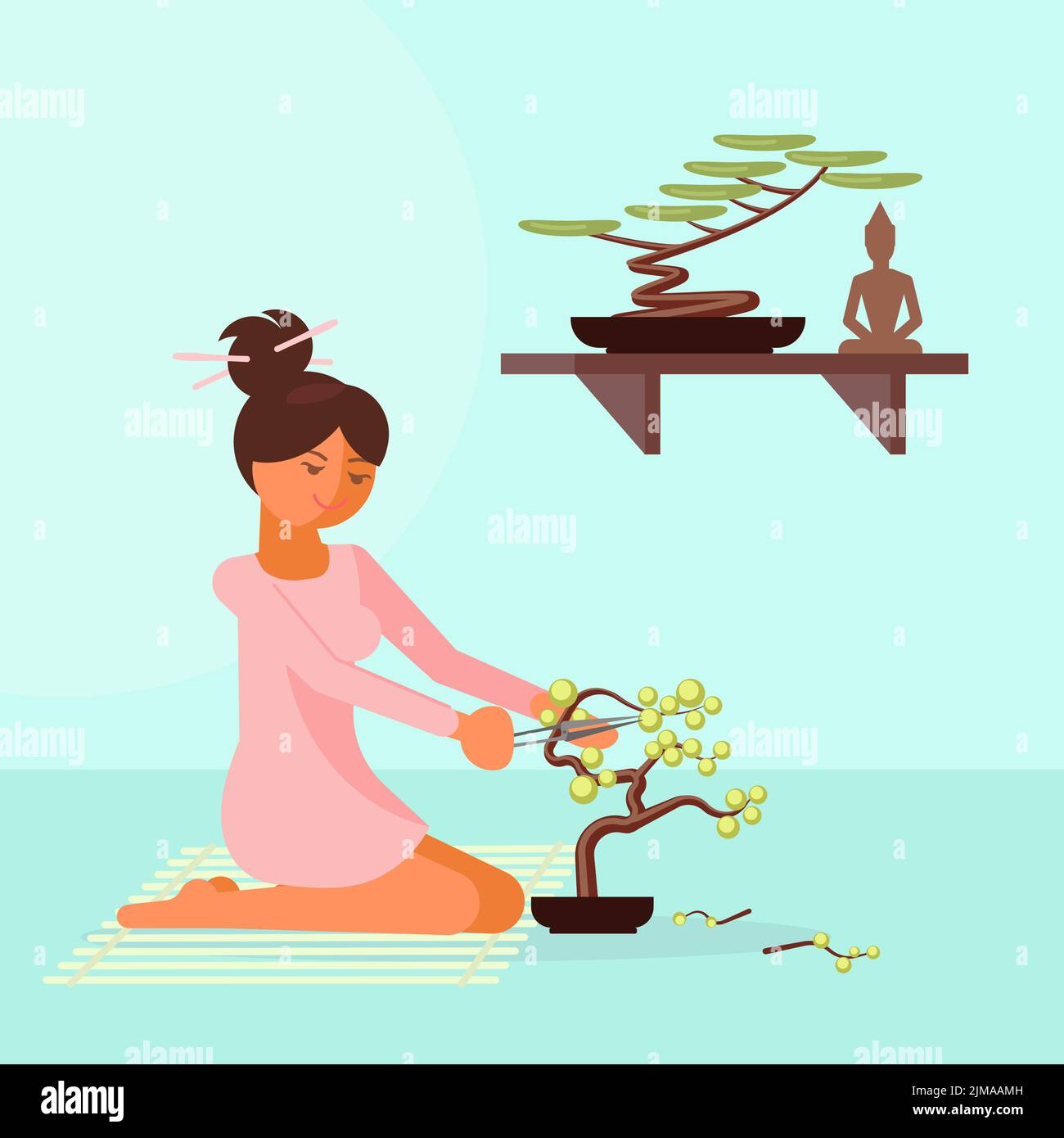 Girl trimming bonsai tree vector illustration in flat style Stock