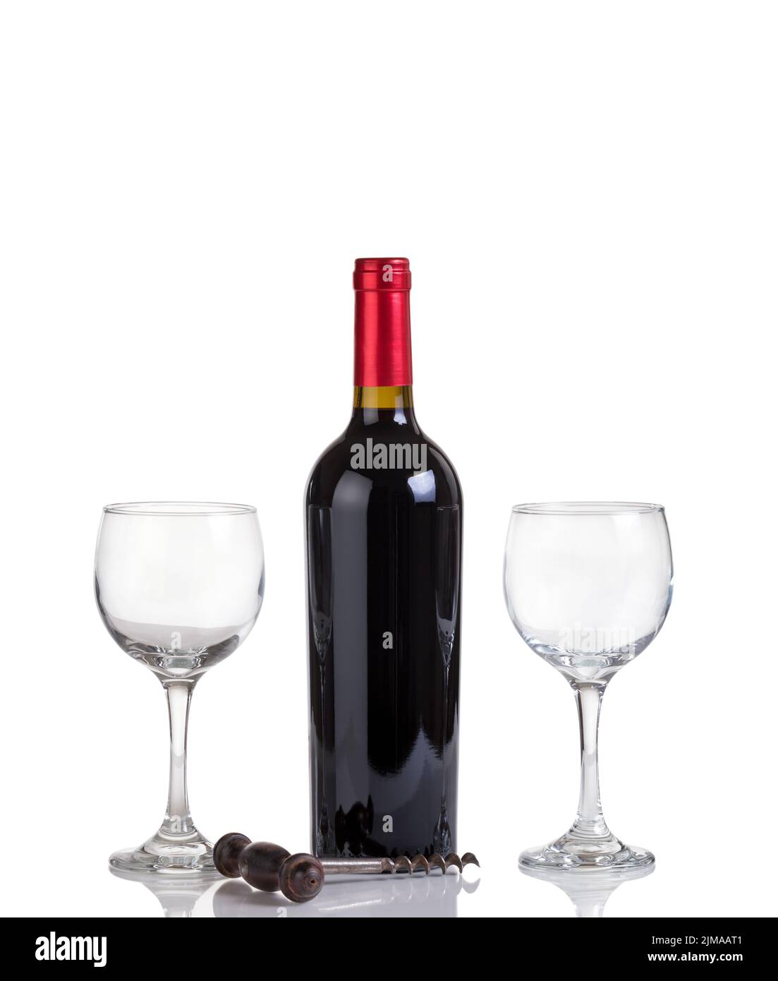 Unopened bottle of red wine and glasses isolated on white background Stock Photo
