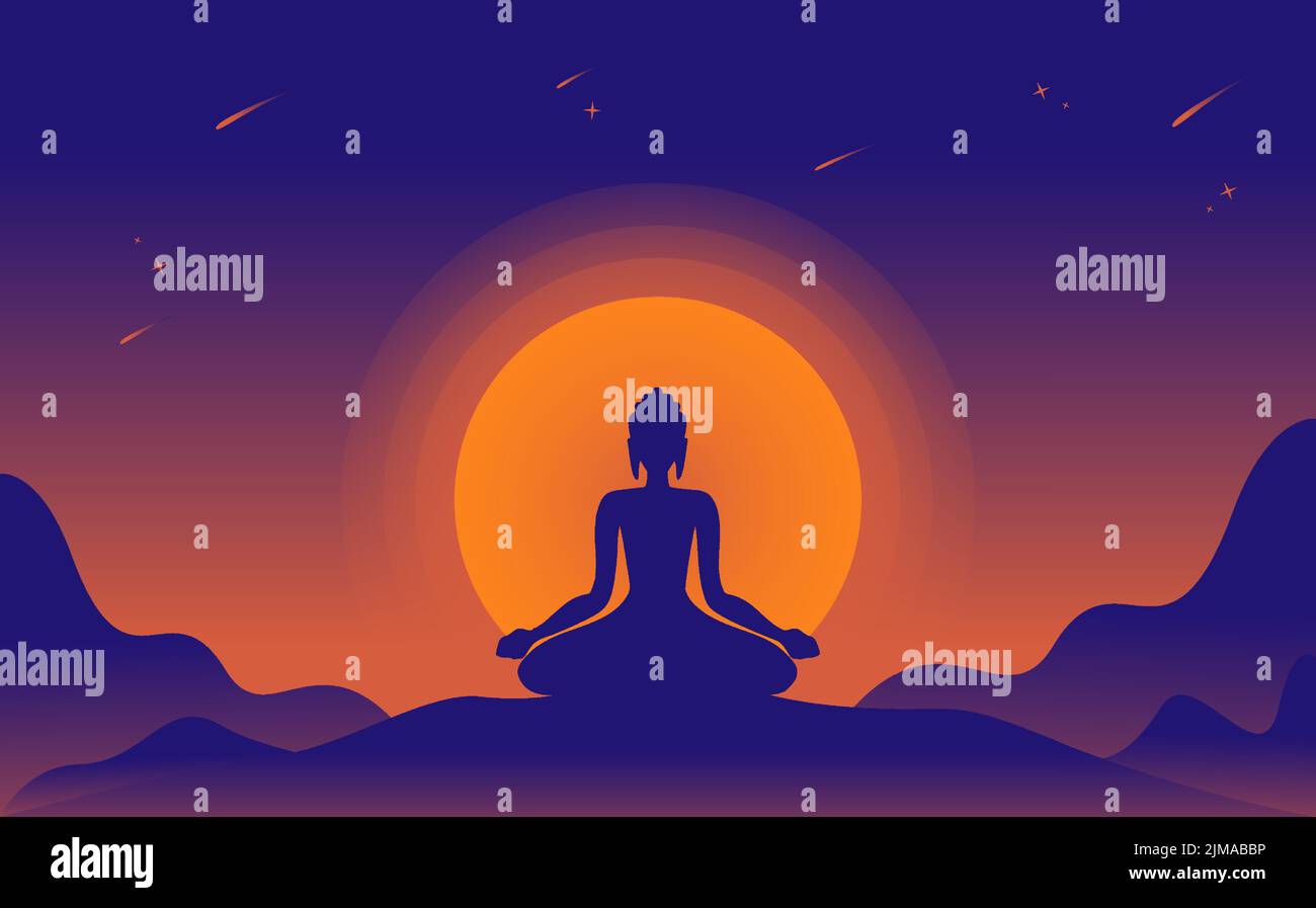 Vesak Buddha illustration, Vesak Day celebration with moon circle background and mountains, buddha statue, Dharmavinaya, Buddha Dharma, Siddharta Gaut Stock Vector