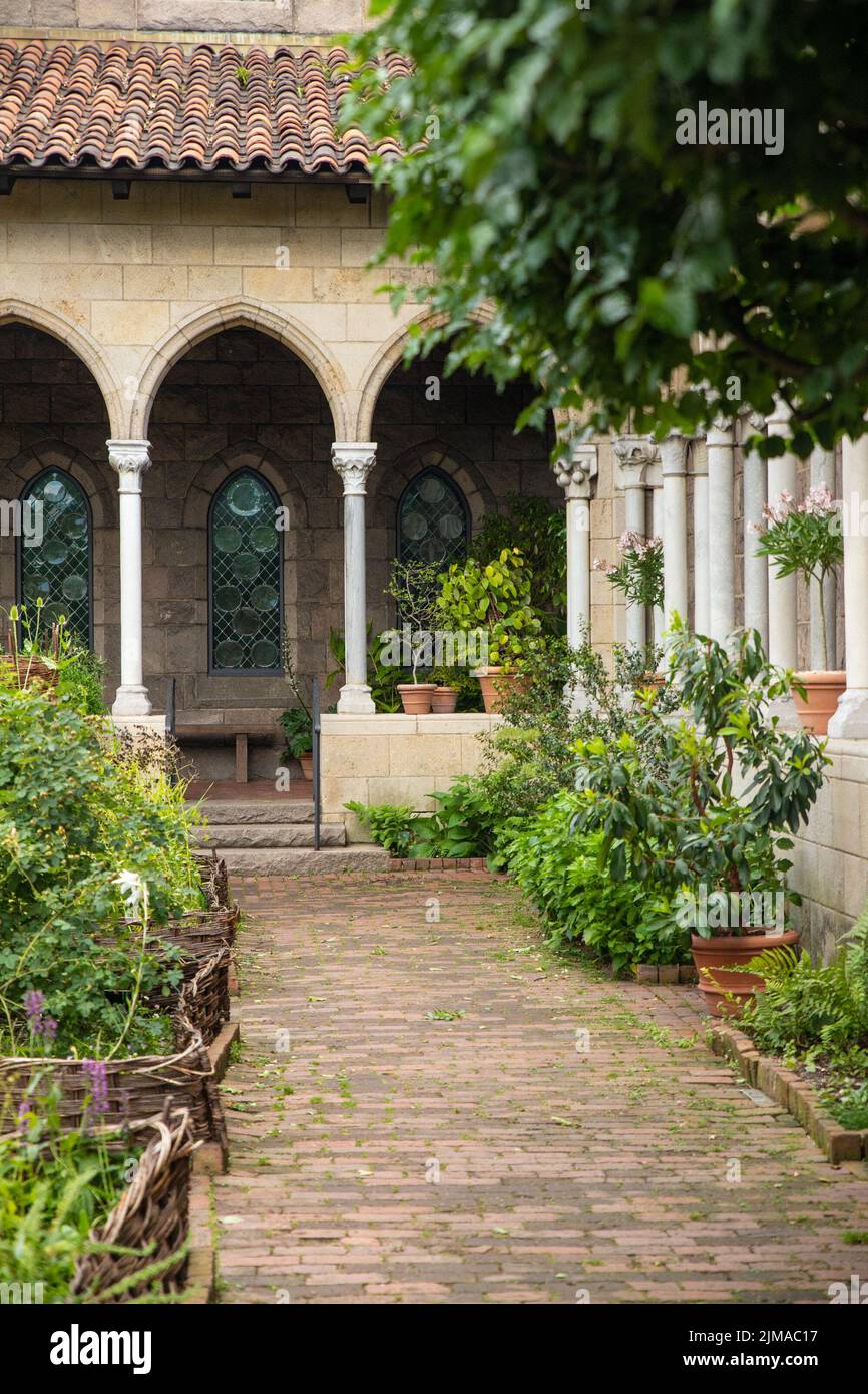 Exterior View of the Met Cloisters in Washington Height Manhattan with architectural details and garden Stock Photo