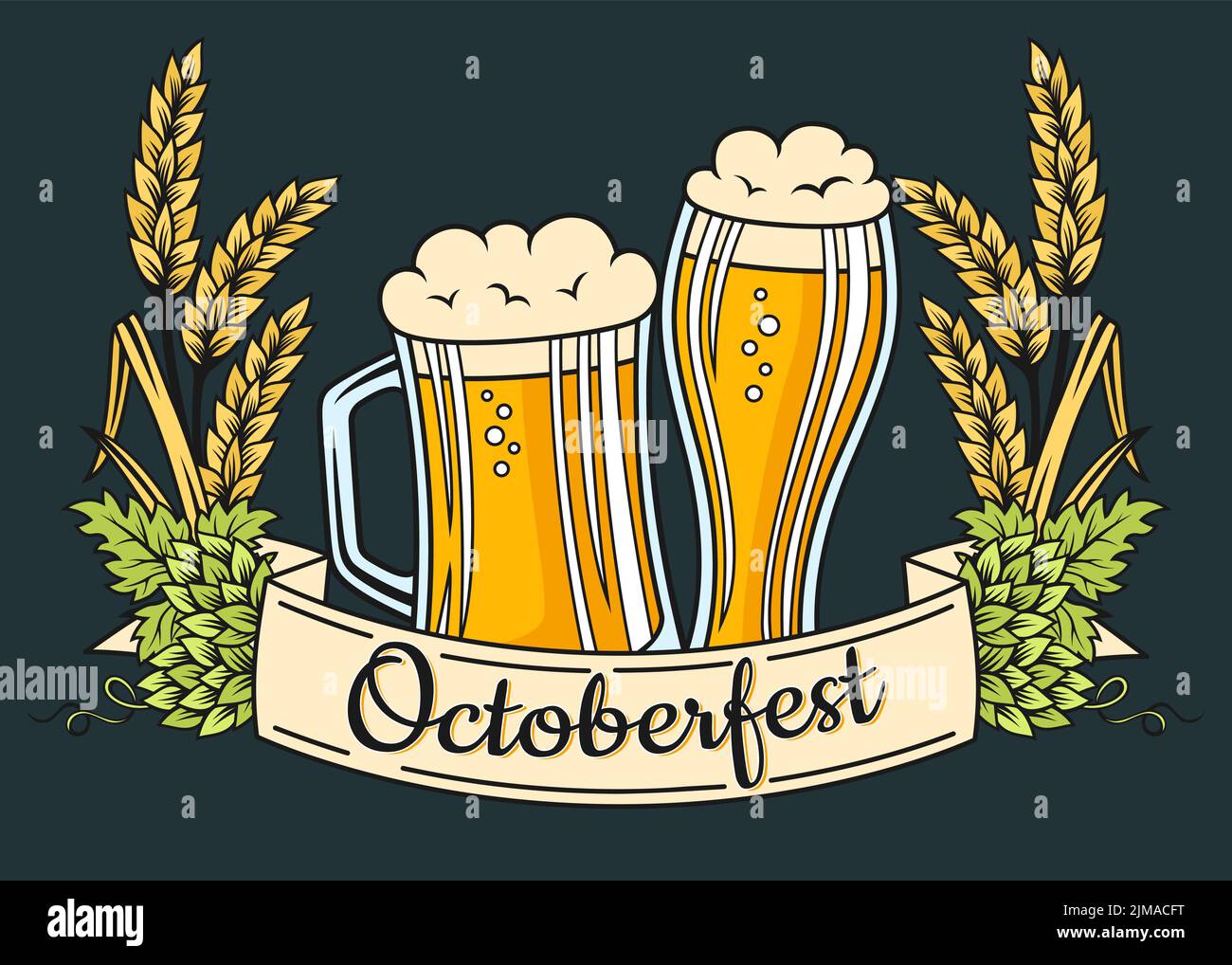 Beer festival advertisement poster Oktoberfest template. Retro design banner glass cup and wheat ear and hop, tap. Alcohol bar background, brewing emblem, vintage label lager ale beverage vector Stock Vector