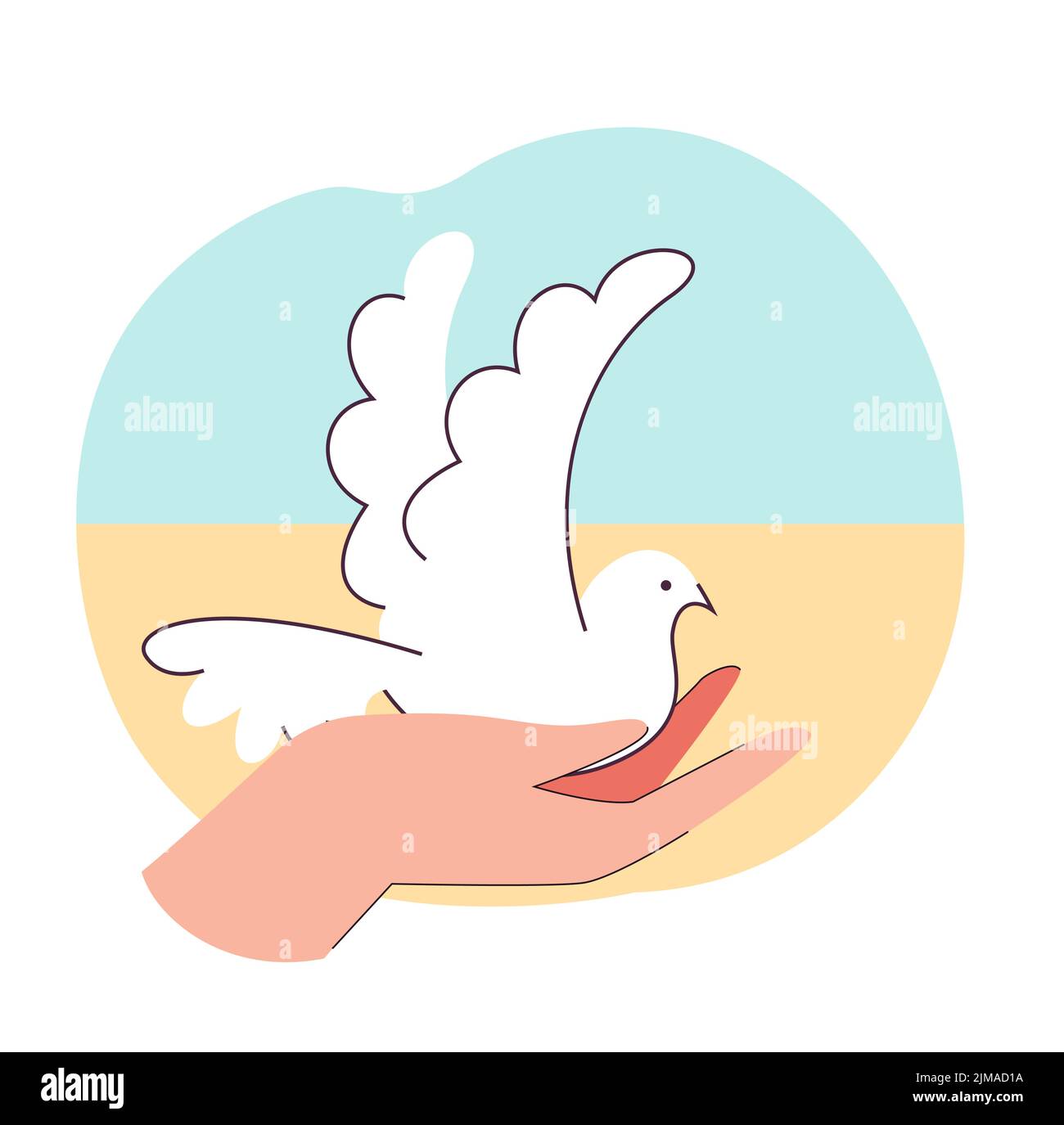 White peace dove in human hand flat vector illustration. Flying pigeon in background of Ukraine flag. Freedom, support, help concept for banner, websi Stock Vector