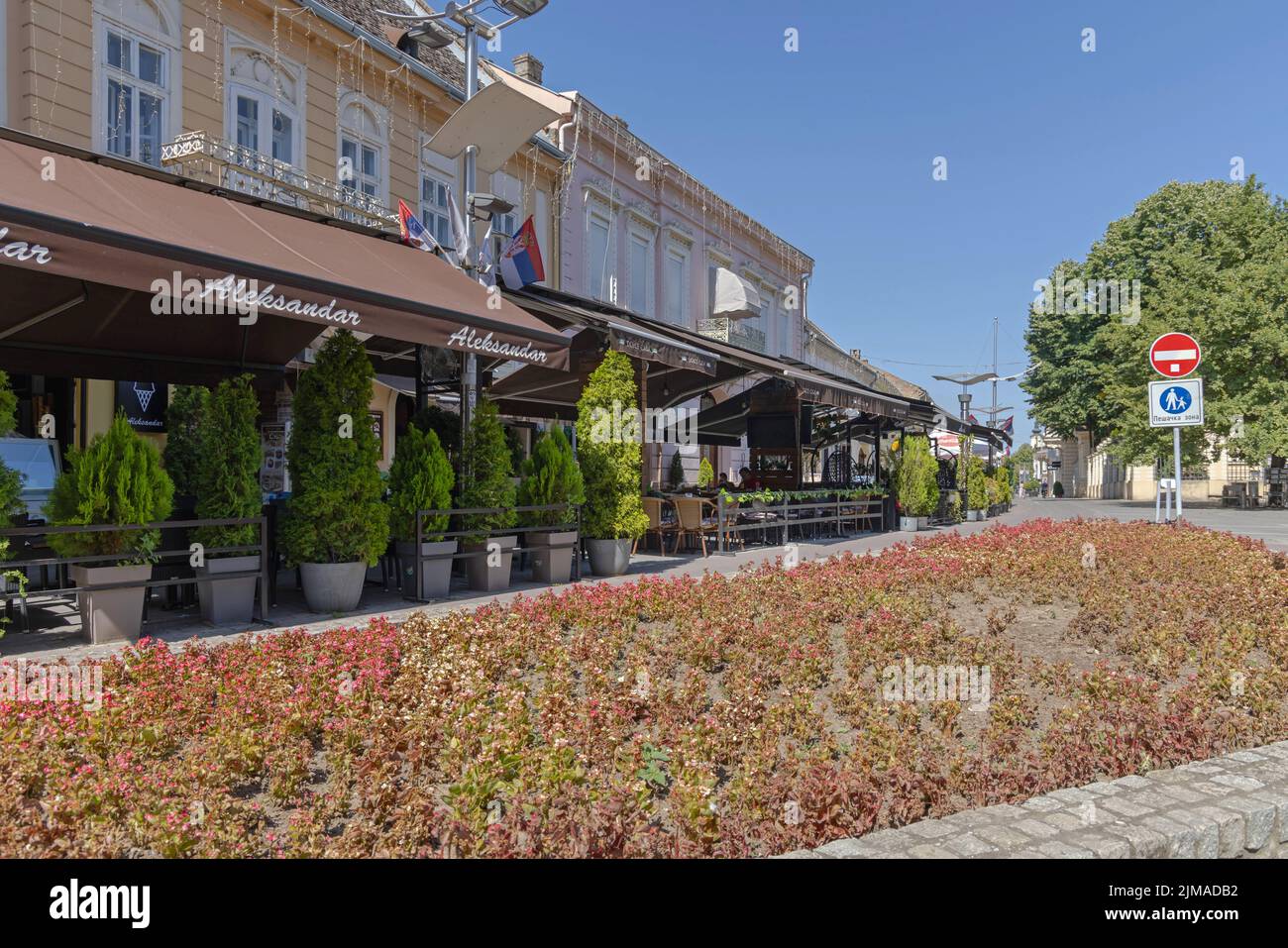 Sremska Mitrovica, Serbia - July 22, 2022: Saint Stephen Square Empty Pedestrian Zone in City Centre at Hot Summer Day. Stock Photo