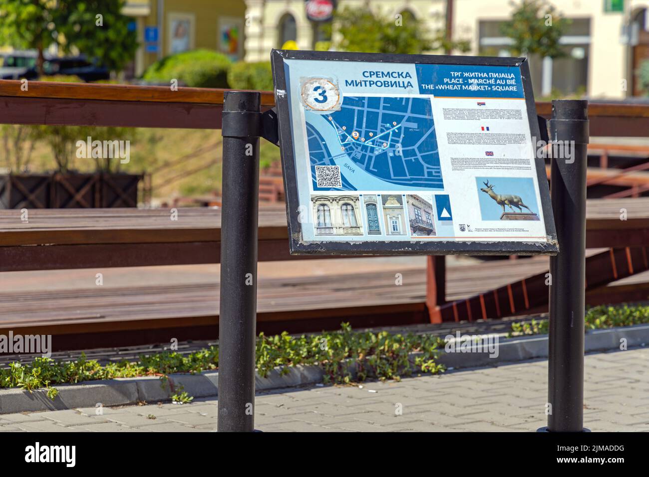 Sremska Mitrovica, Serbia - July 22, 2022: Historic Place Landmark Map Wheat Market Square at Sunny Day. Stock Photo