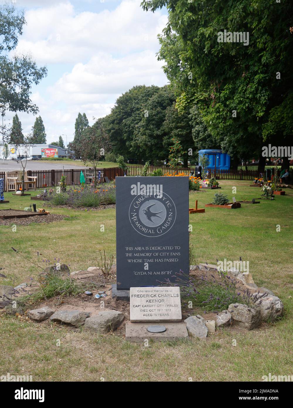 Memorial gardens with stone in memorial of Frederick Charles Keenor, Cardiff City Stadium