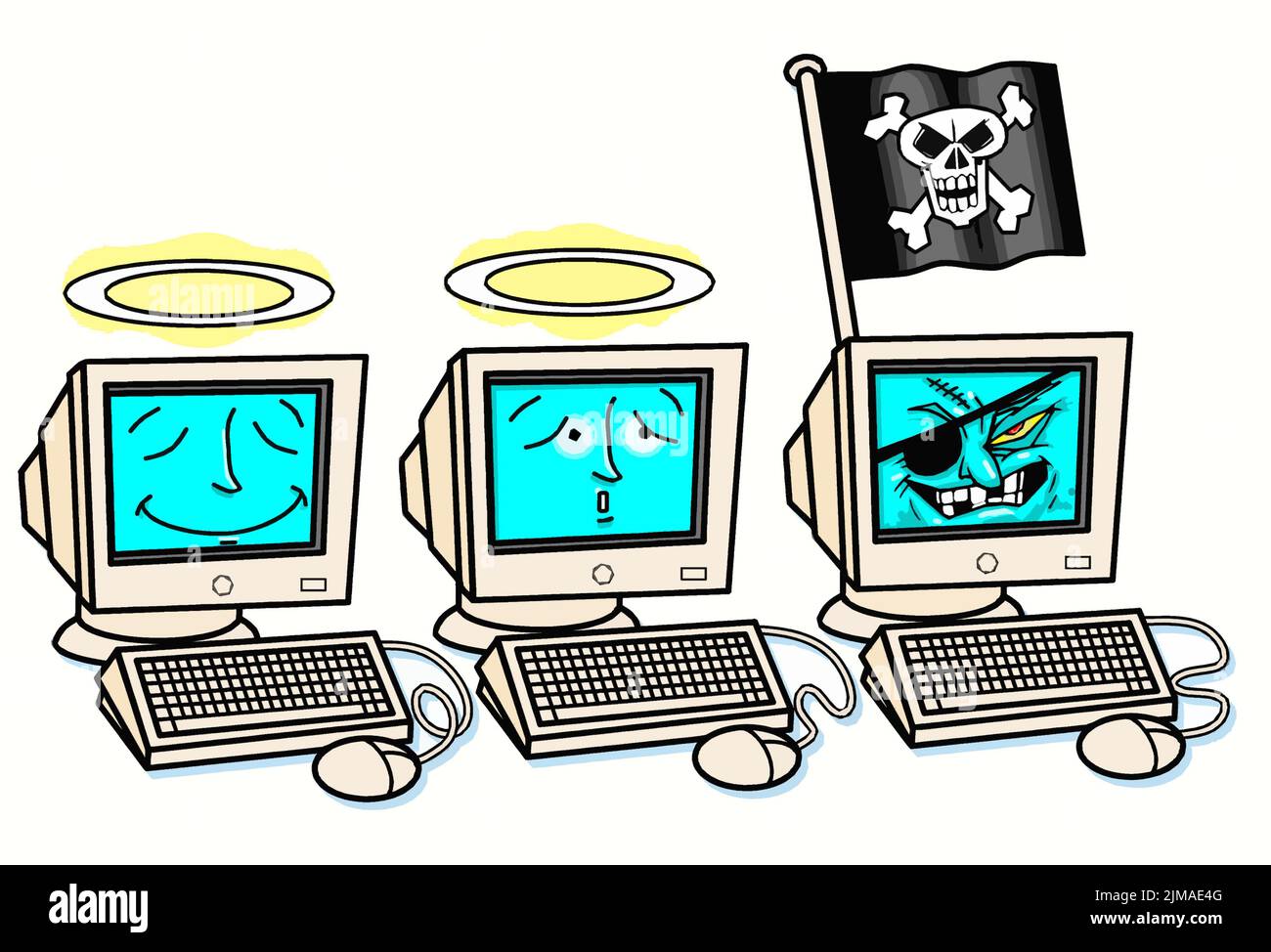 Concept art, illustrating software internet computer piracy, including illegal copying, distribution sale, distribution or use of copyrighted software Stock Photo