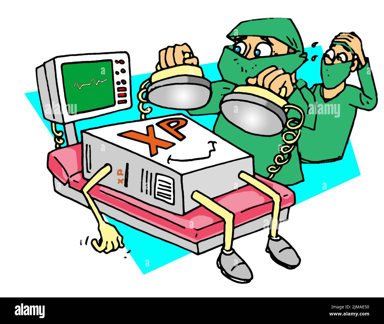 Art, XP-ired software being resuscitated by medics, illustrating the concept of computer users using or /prolonging the life of old & vintage software Stock Photo